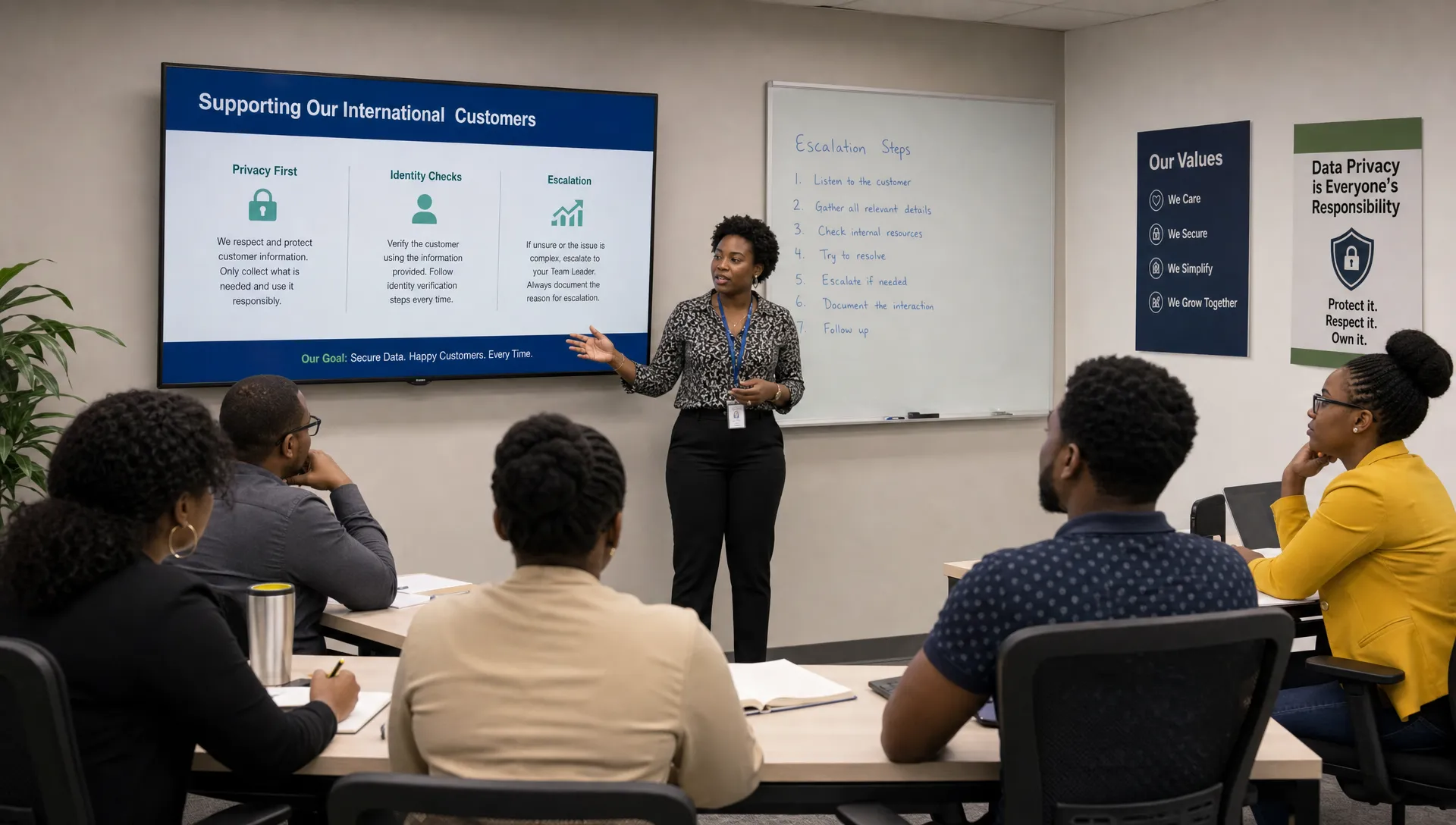 A customer support team in a training room reviews privacy scenarios, identity checks, and escalation steps for international customers.