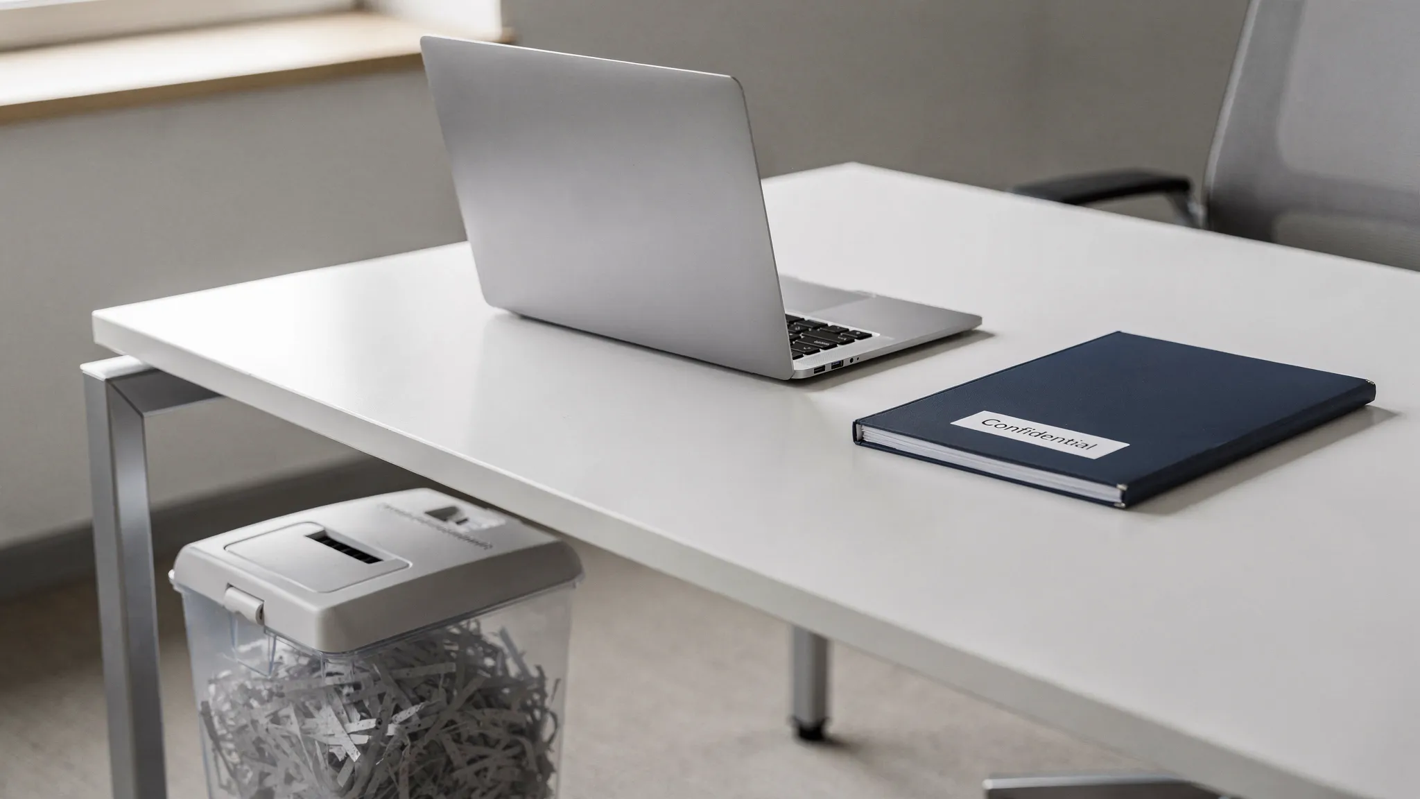 An office desk scene showing a clean desk policy: a locked laptop (screen facing the right direction), a closed folder labeled “Confidential,” a shredder bin nearby, and no loose papers visible.