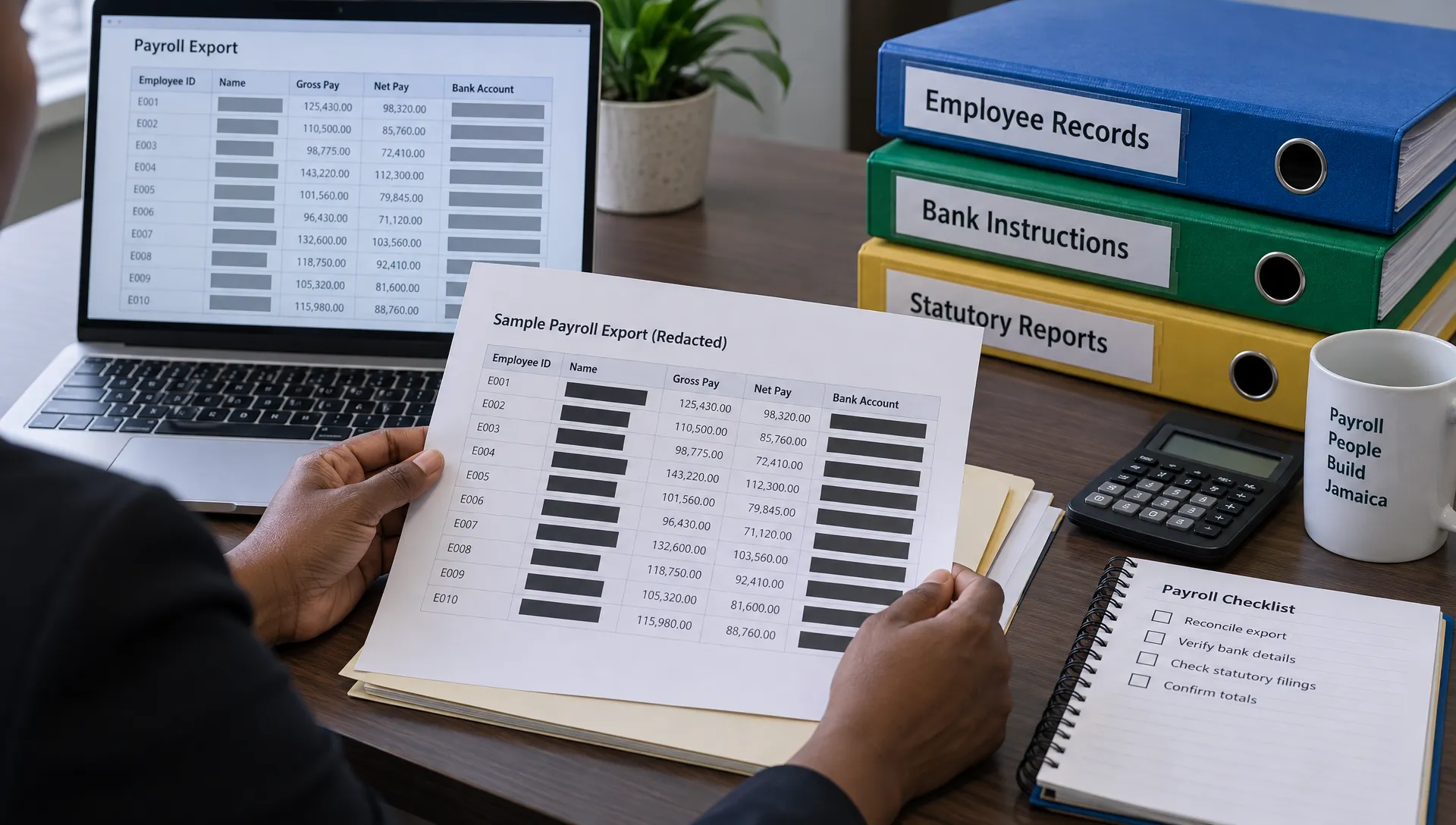A payroll administrator’s hands compare a redacted sample export with the employee-record, bank-instruction and statutory-report folders on a worktable.