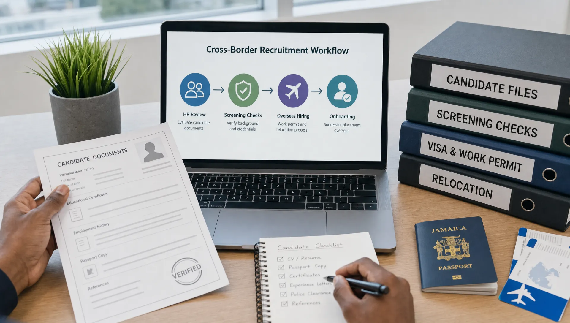 Candidate documents move between HR review, screening checks, and overseas hiring steps in a cross-border recruitment workflow.