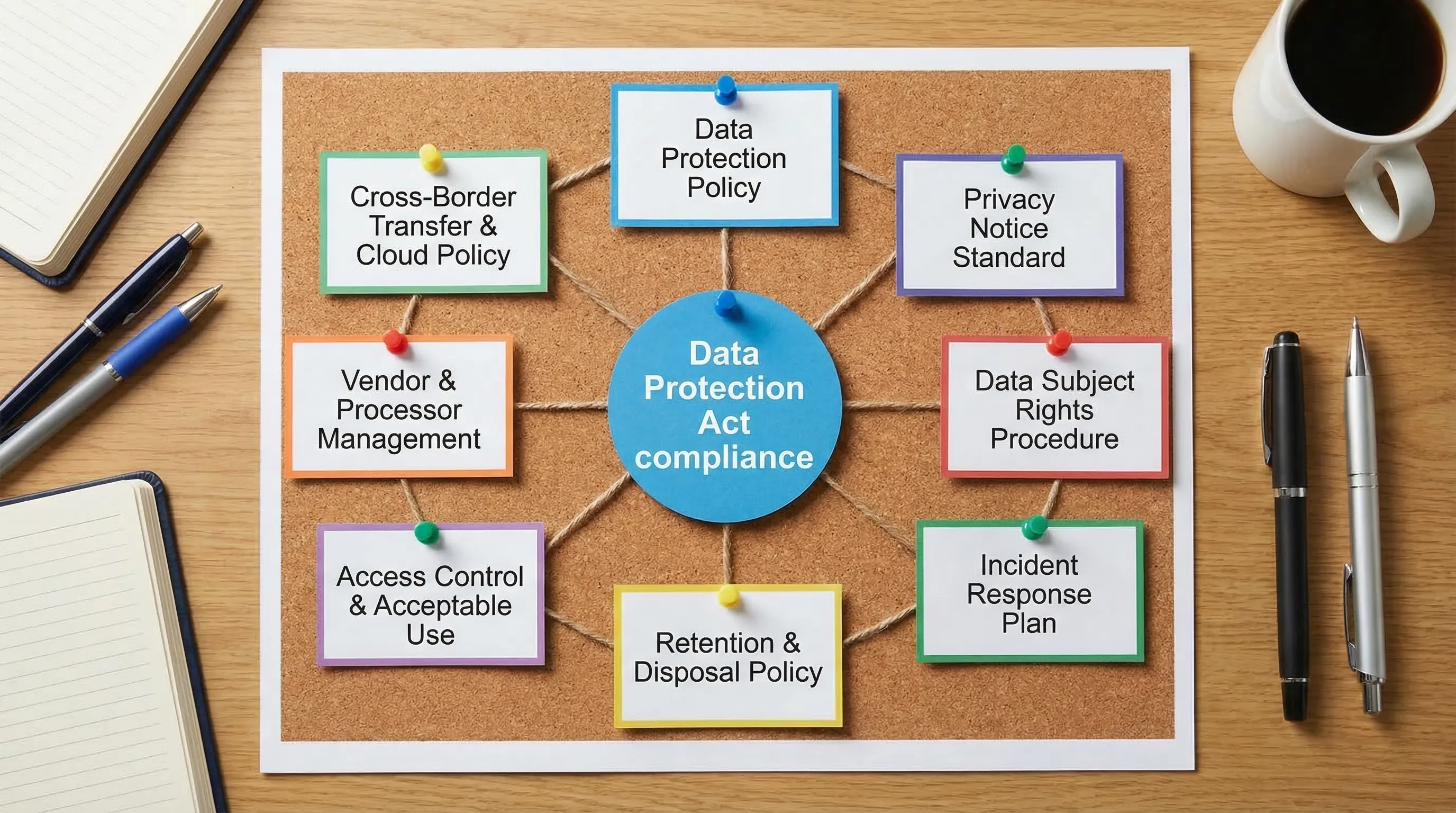 A simple diagram showing a central “Data Protection Act compliance” hub with eight surrounding boxes labelled: Data Protection Policy, Privacy Notice Standard, Data Subject Rights Procedure, Incident Response Plan, Retention & Disposal Policy, Access...