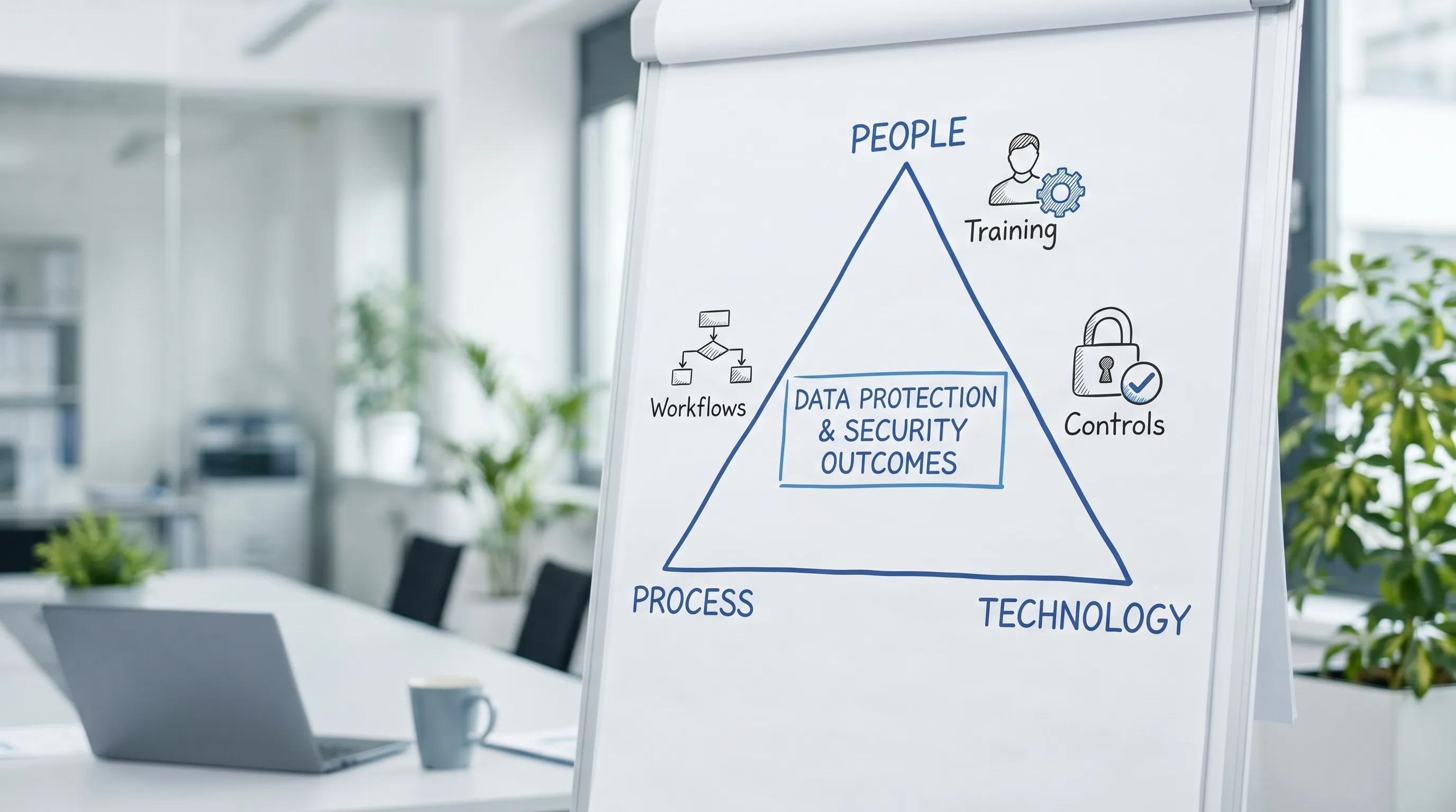 A simple triangle diagram showing People, Process, and Technology at the three corners, with “Data Protection & Security Outcomes” in the centre, plus small icons for training, workflows, and controls around the triangle.