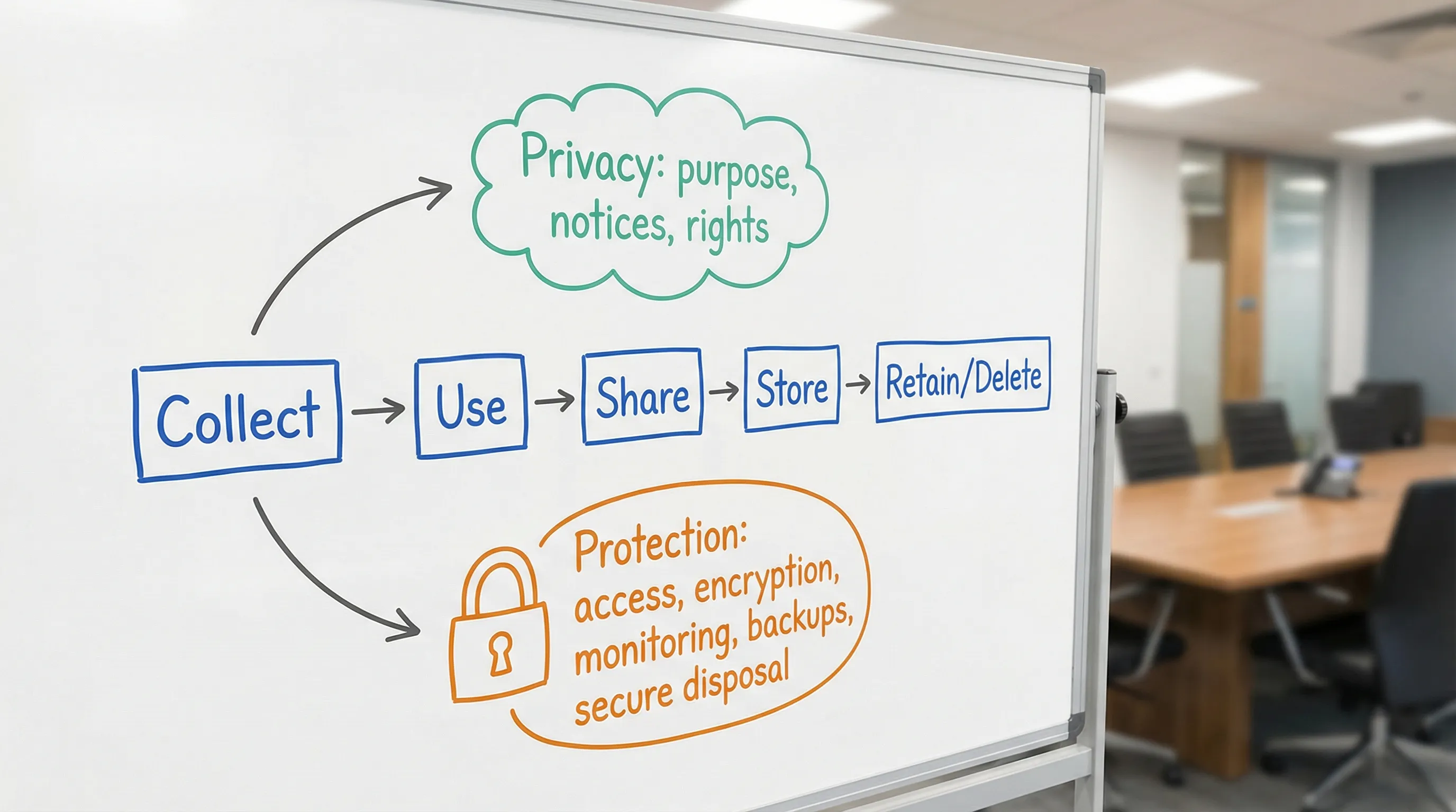 A simple data lifecycle flow showing “Collect → Use → Share → Store → Retain/Delete”, with callouts above for privacy (“purpose, notices, rights”) and below for protection (“access, encryption, monitoring, backups, secure disposal”).