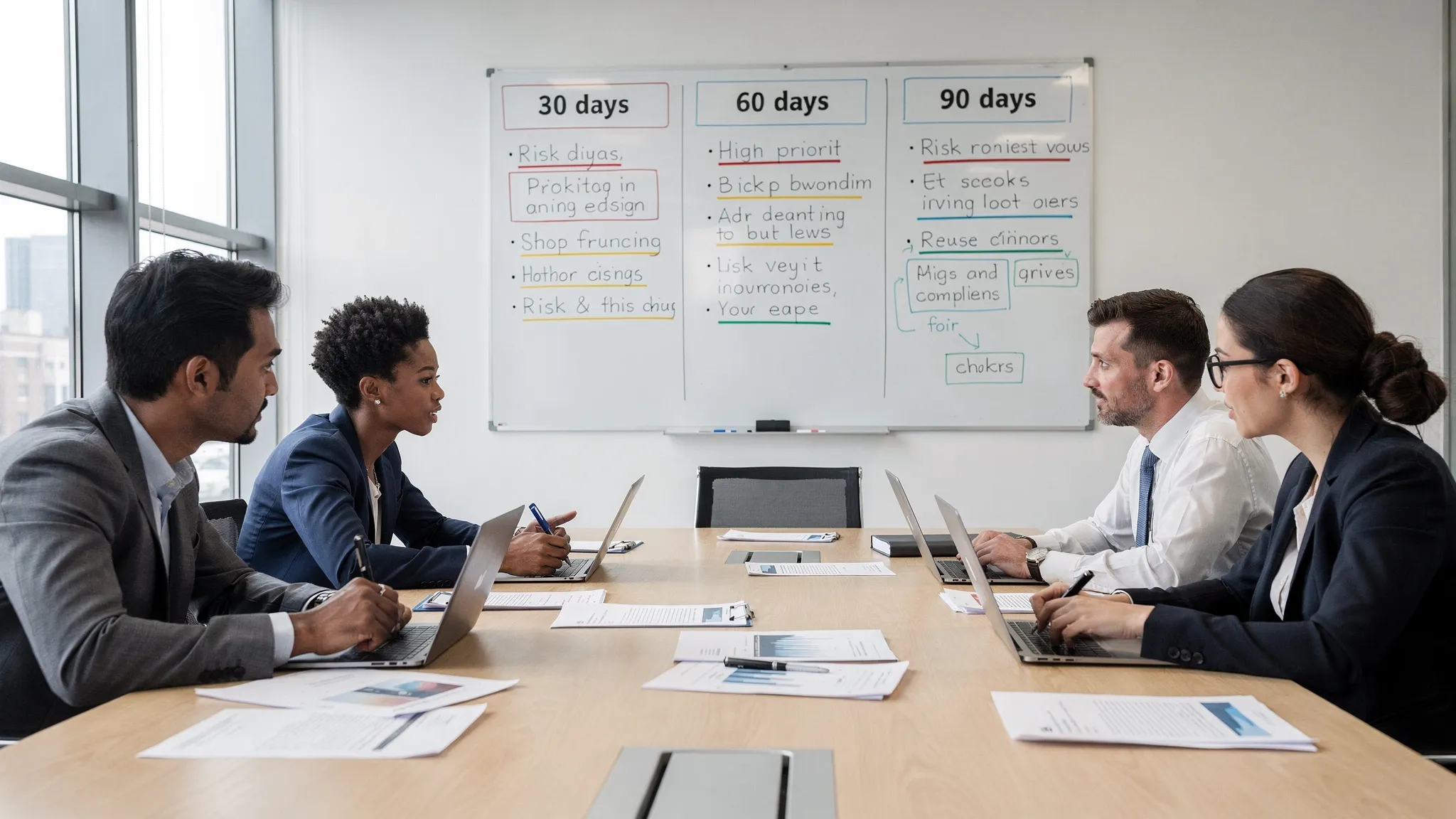 A post-conference debrief meeting with a small team reviewing printed notes and a simple action plan on a whiteboard labeled 30, 60, 90 days, with risk and compliance tasks grouped by priority.