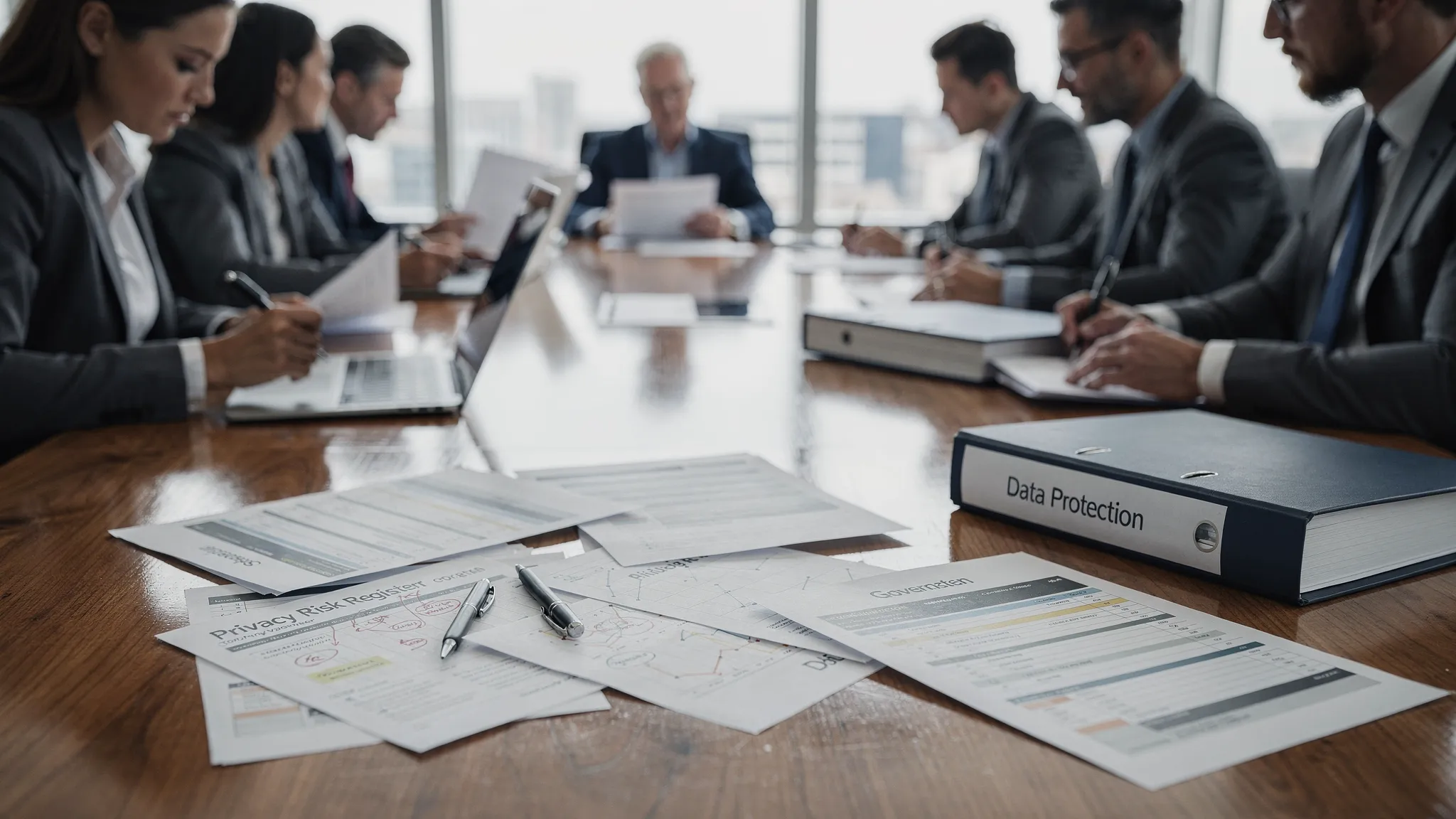 A boardroom table with printed privacy risk registers, governance papers, a laptop closed beside folders marked data protection, and directors reviewing documents before a quarterly meeting.