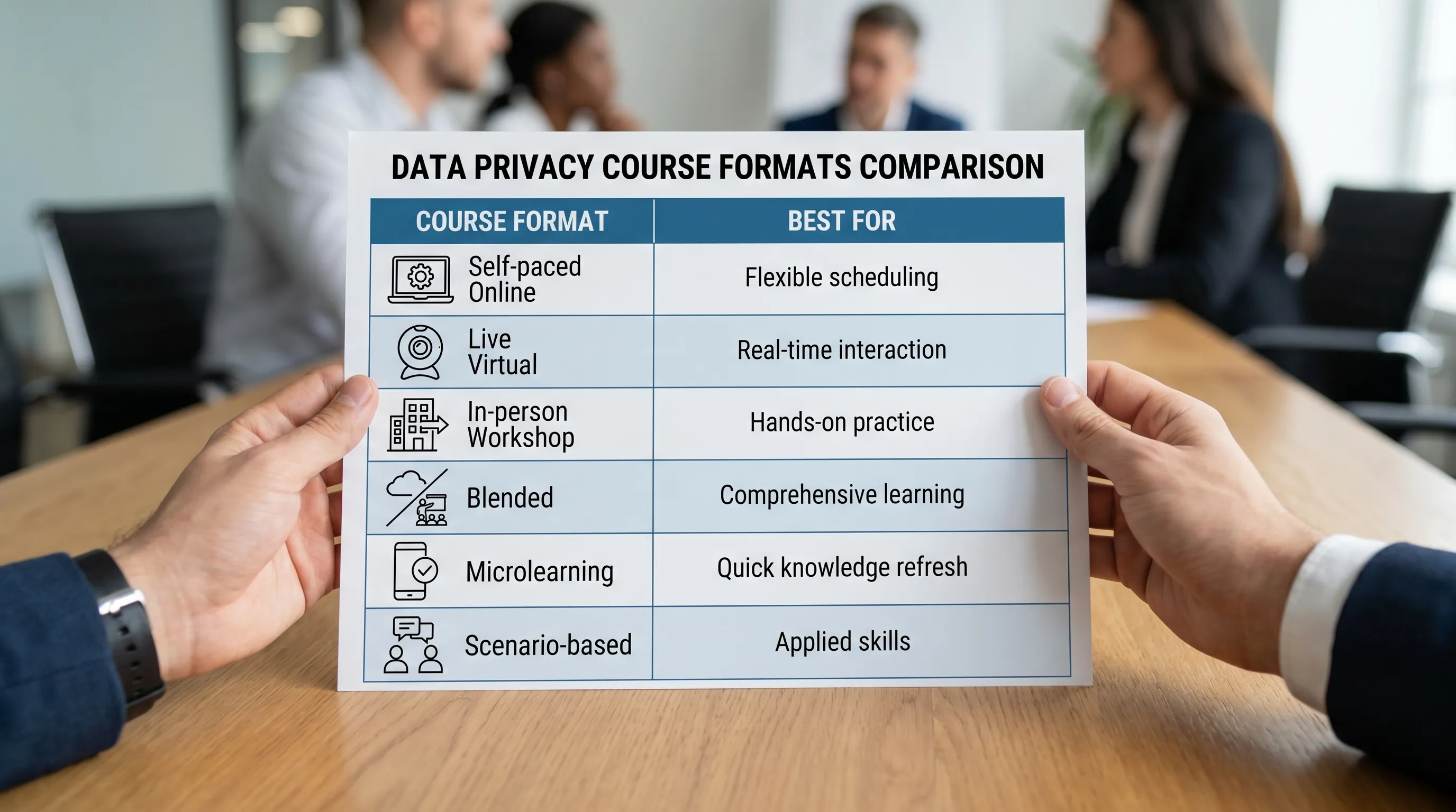 A simple comparison table graphic showing six data privacy course formats (self-paced online, live virtual, in-person workshop, blended, microlearning, scenario-based) with icons and short “best for” labels.