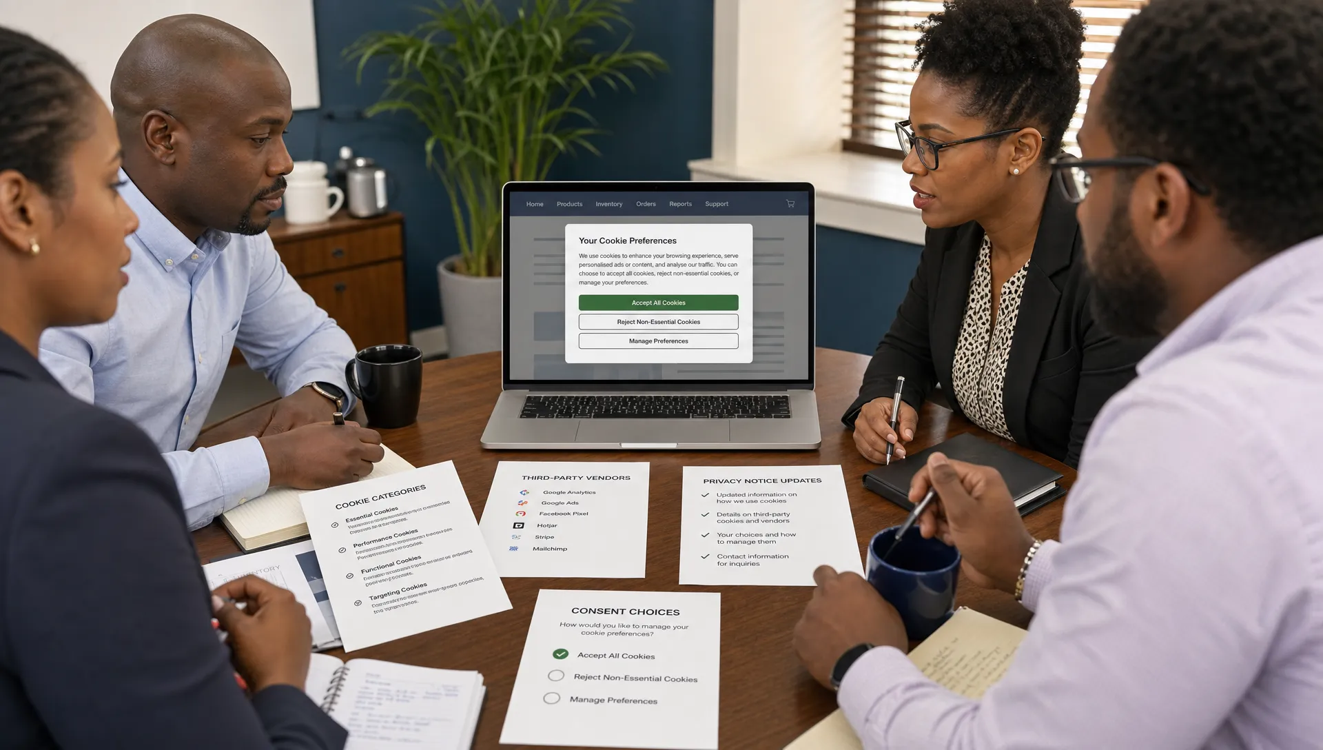 A compliance team reviews a website tracking inventory on a conference table with documents showing cookie categories, vendor names, privacy notice updates and consent choices. A laptop screen faces the team and displays a simple cookie preference pa...