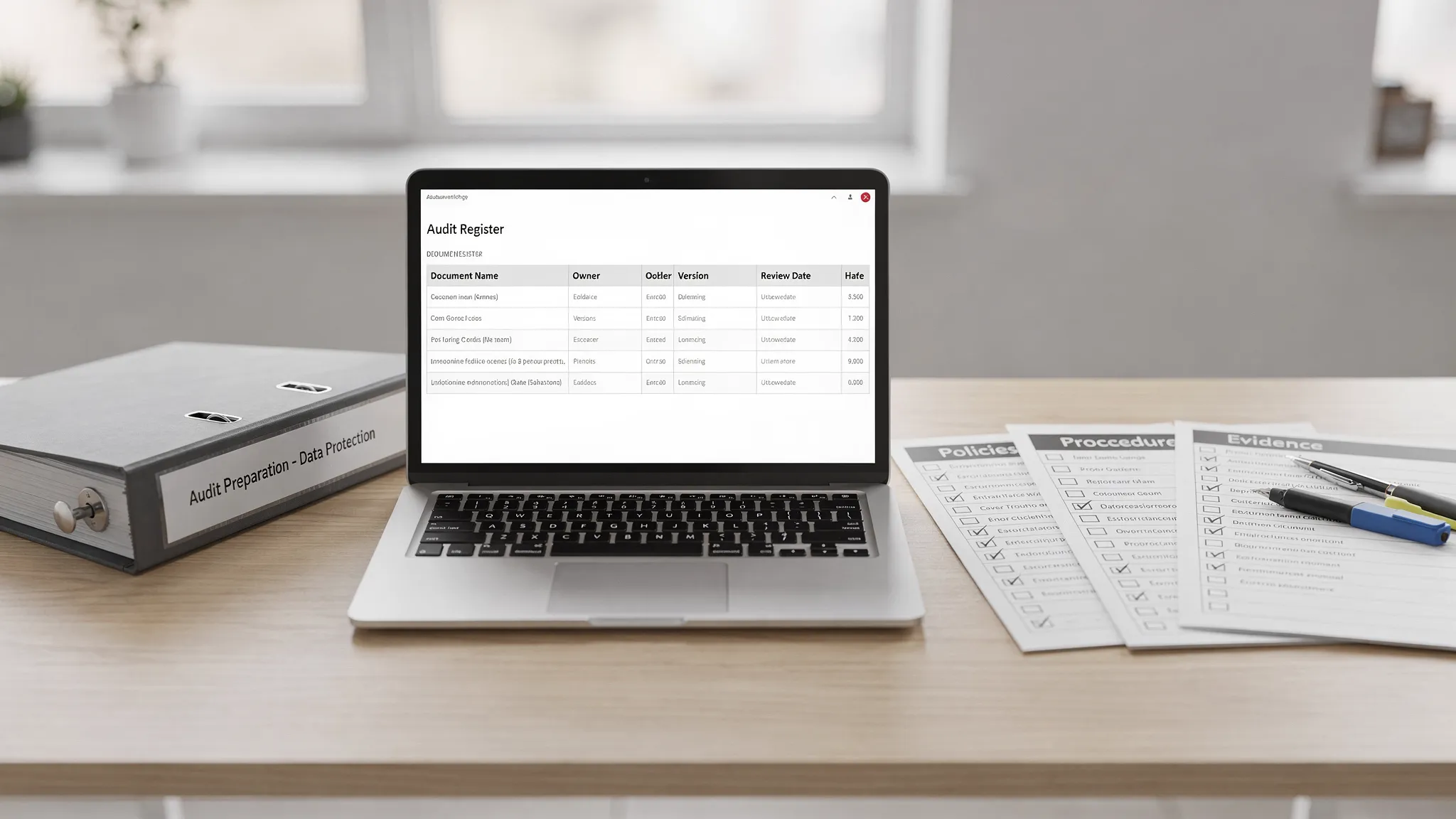 An organised audit preparation workspace with a labelled binder and a laptop showing a simple document register, alongside printed checklists titled “Policies”, “Procedures”, and “Evidence”, representing audit readiness for data protection. The lapto...