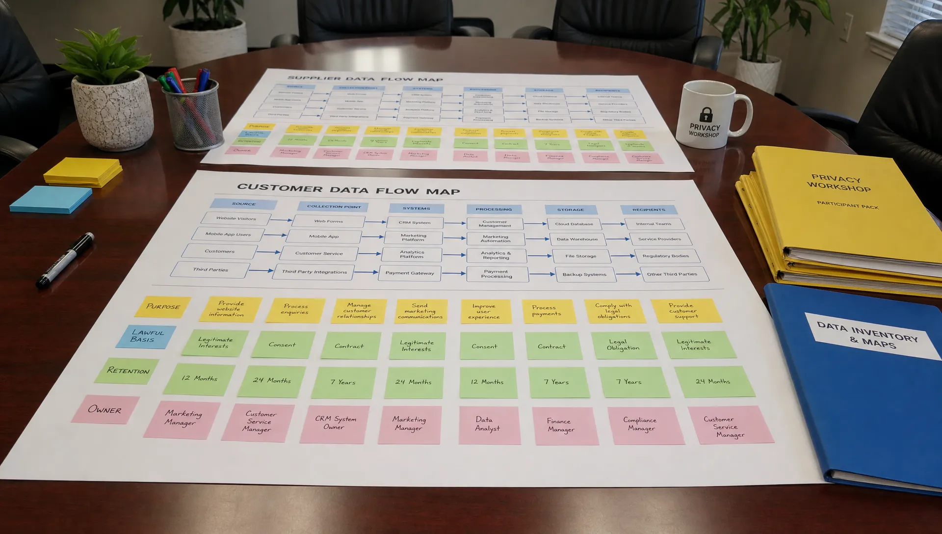 A conference room table with printed data flow maps, sticky notes for purpose, lawful basis, retention and owner, and folders for a privacy workshop.