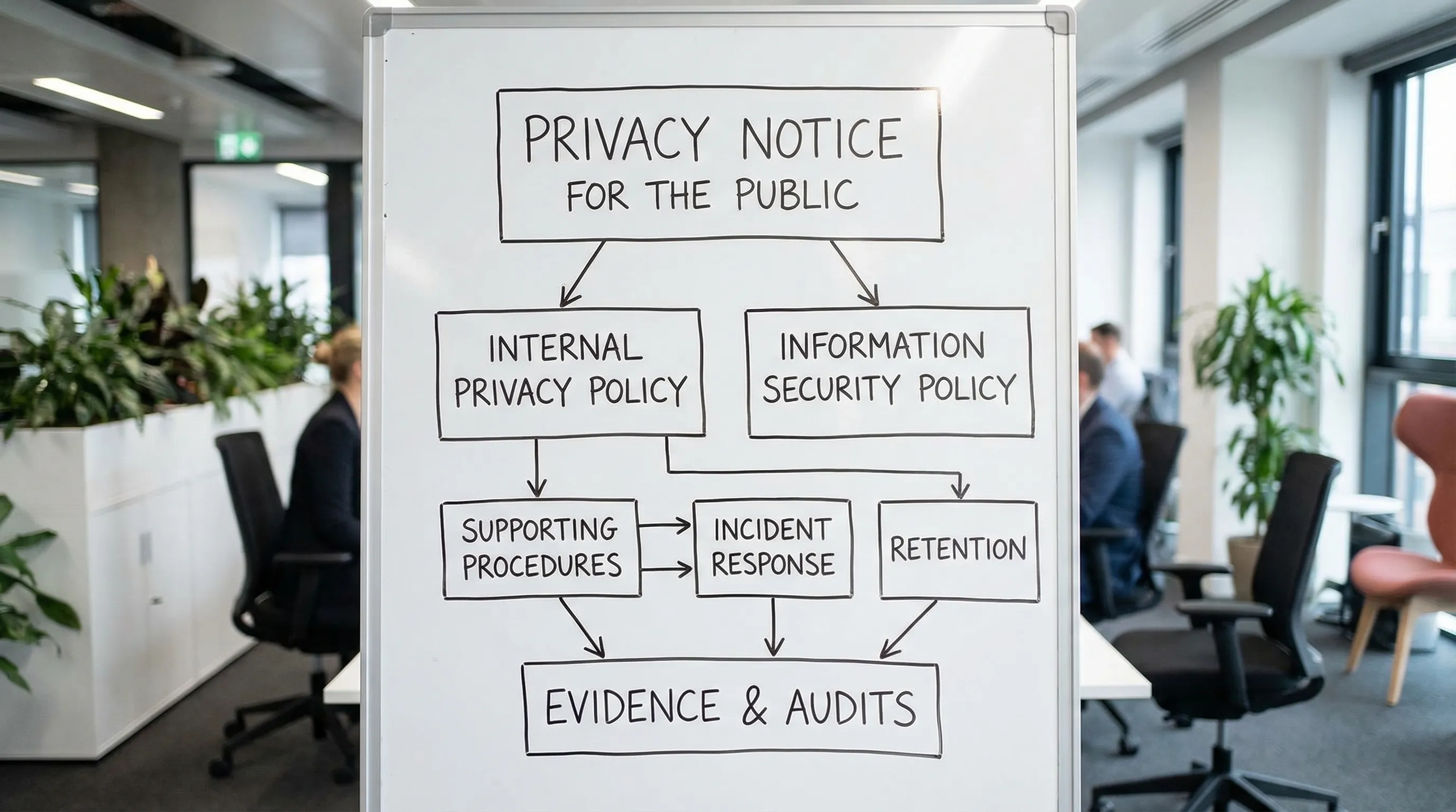 A simple diagram showing an organisation’s policy stack: privacy notice for the public, internal privacy policy, information security policy, and supporting procedures like incident response and retention, all feeding into evidence and audits.