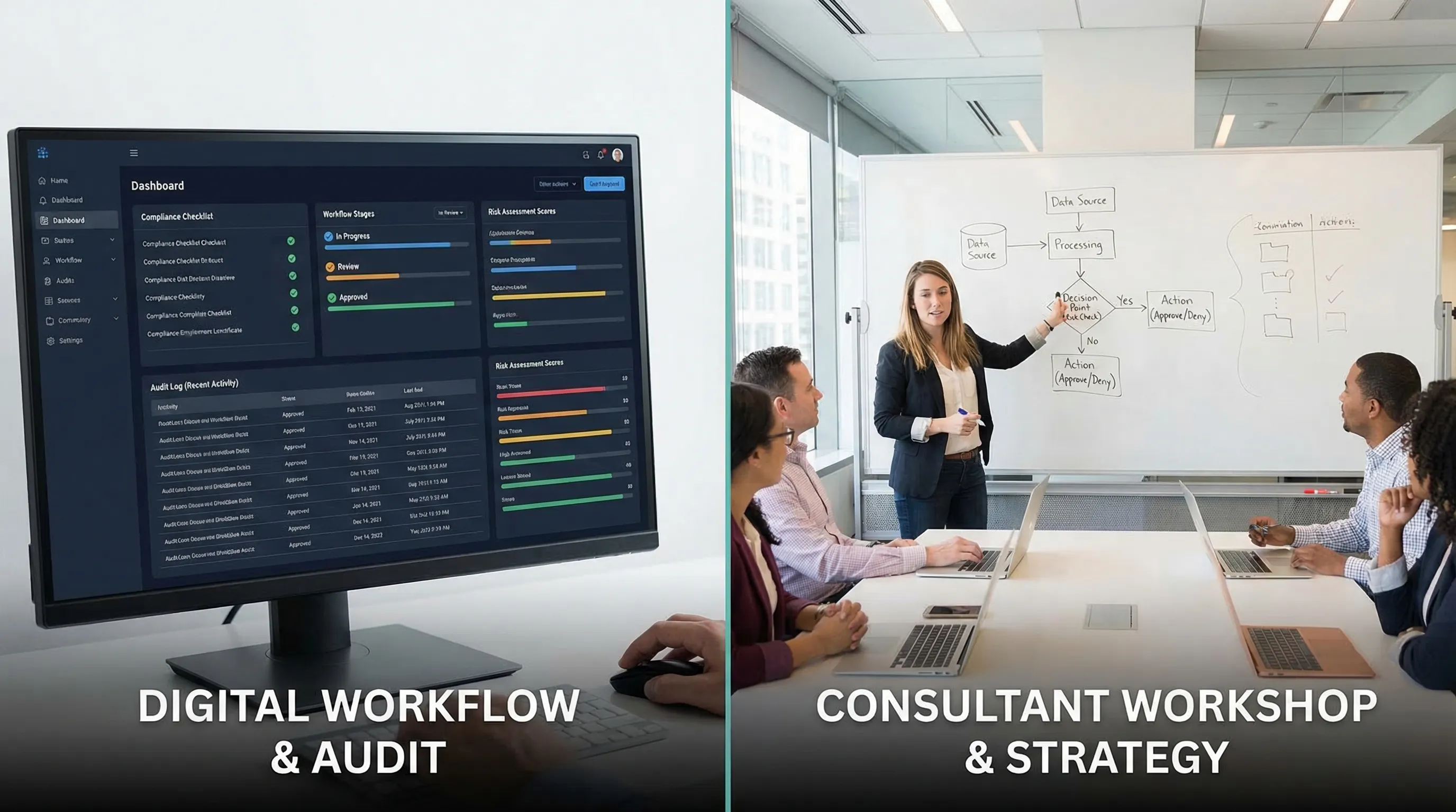 A split-screen illustration: on one side a software dashboard with checklists, workflow steps, and audit logs; on the other side a consultant facilitating a workshop with a whiteboard showing a data flow and risk decisions.
