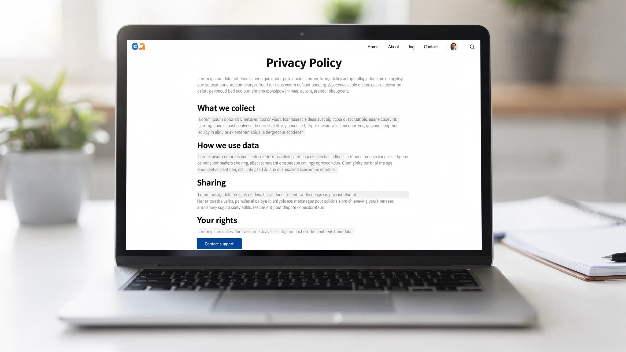 A clean website privacy policy page mockup showing headings like “What we collect”, “How we use data”, “Sharing”, “Retention”, and “Your rights”, displayed on a laptop screen with a simple, professional layout.
