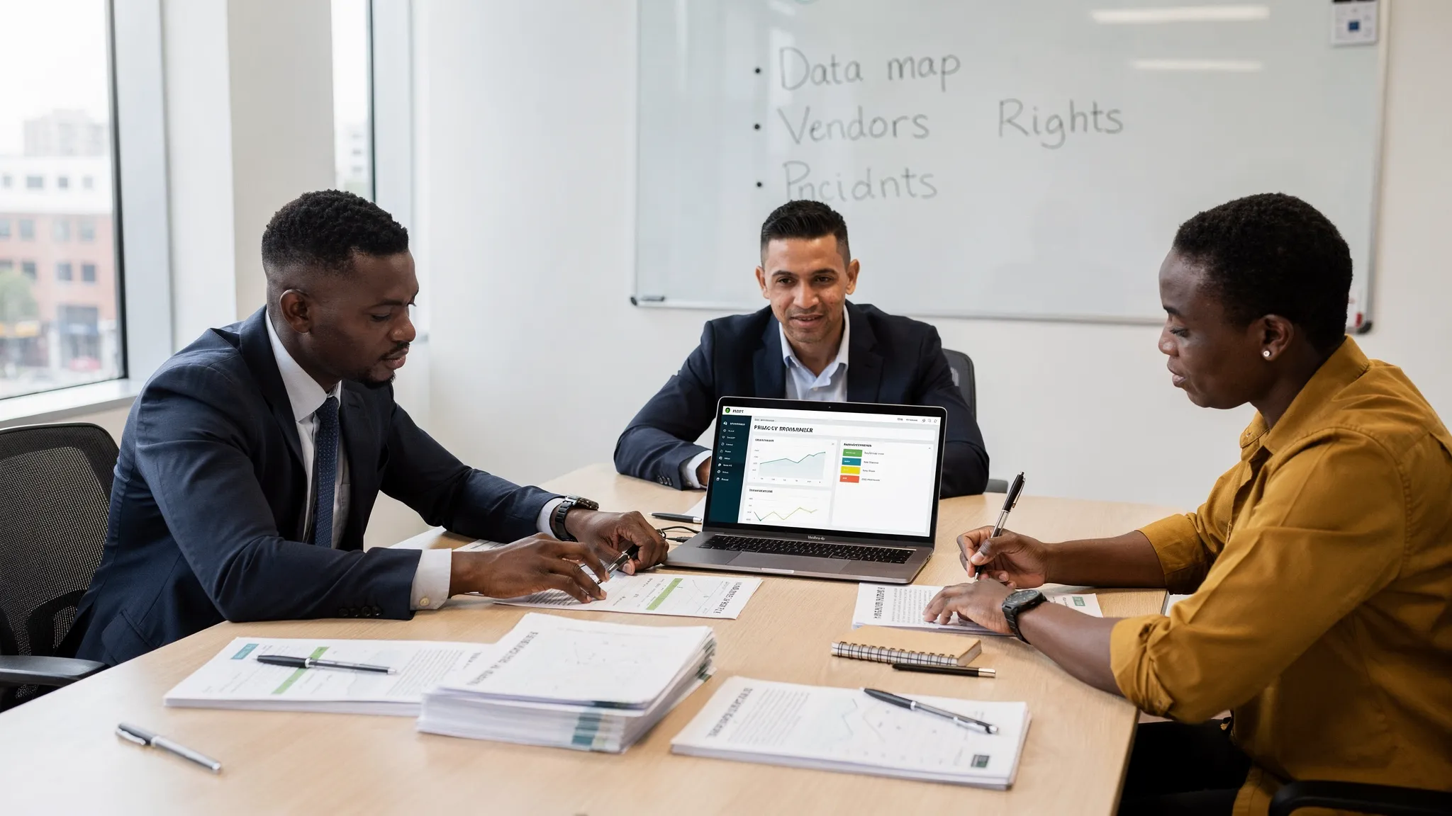 A Jamaican business meeting with a compliance lead, IT representative, and operations manager reviewing a privacy programme plan on printed documents, with a laptop open facing the group and a whiteboard listing “Data map, Vendors, Rights, Incidents”...