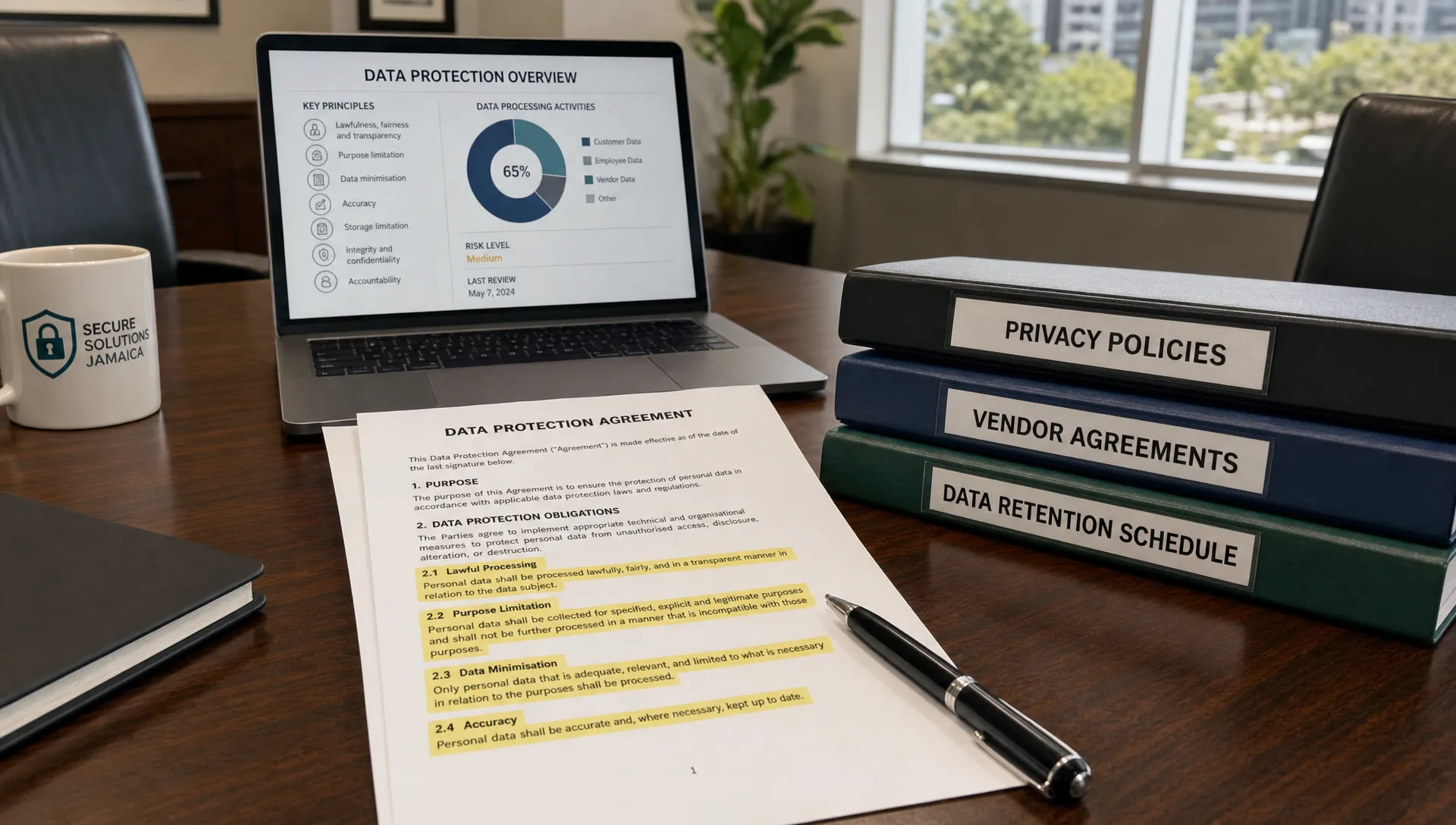 A business contract on a conference table shows highlighted data protection clauses, a pen, a laptop screen facing the viewer, and folders for privacy, vendors and retention.