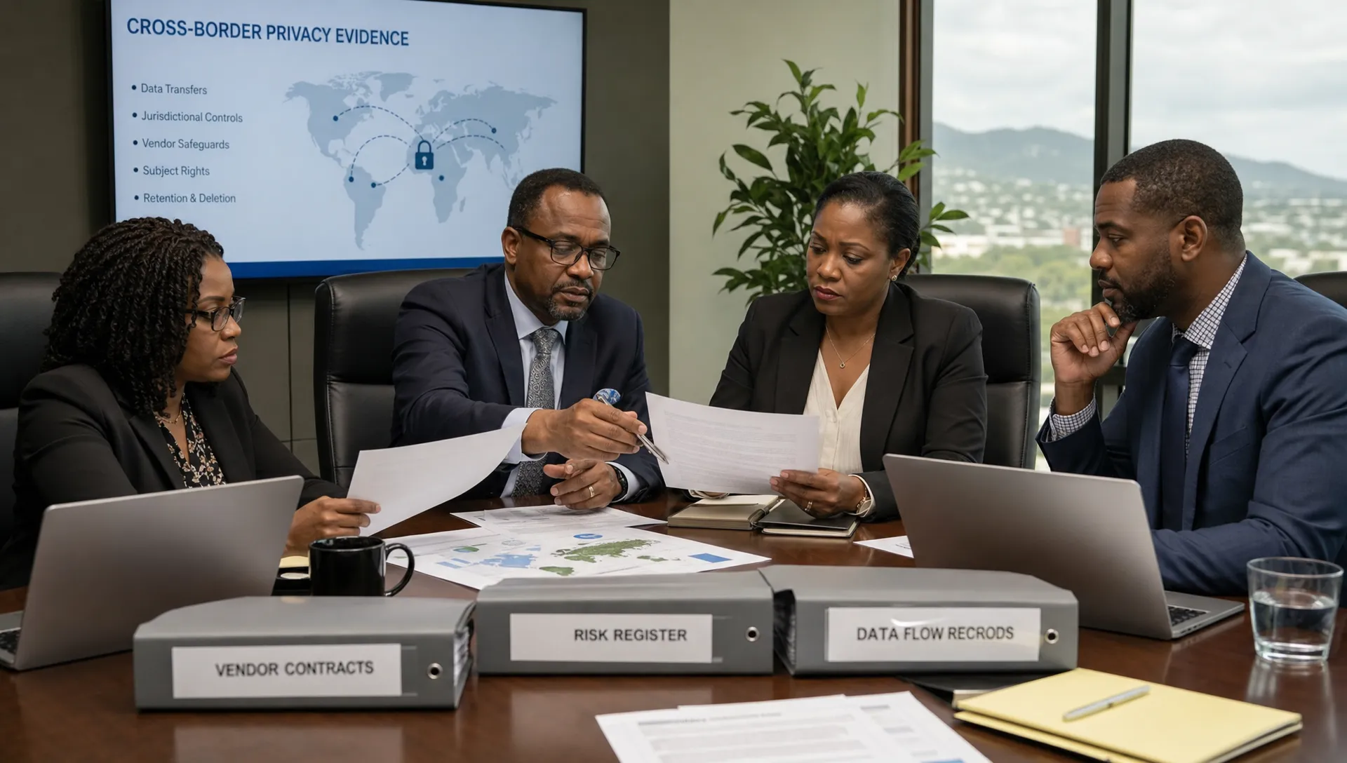 Directors review cross-border privacy evidence at a boardroom table with vendor contracts, a risk register and data flow records.