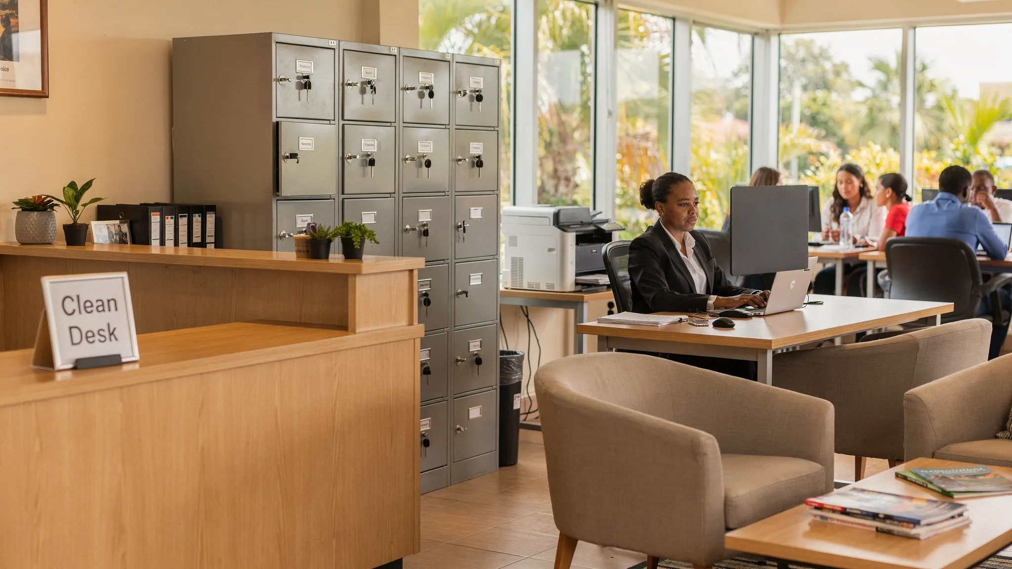 A Jamaican office reception and open-plan workspace showing privacy reminders: a “Clean Desk” sign, locked filing cabinets, a printer placed away from visitor seating, and a staff member using a privacy screen on a laptop.