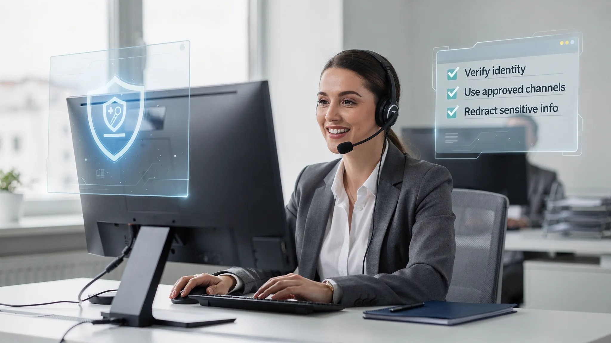 A customer service agent at a desk speaking on a headset, with a privacy shield icon and a checklist showing “Verify identity”, “Use approved channels”, and “Redact sensitive info”. The computer screen faces the agent and is not readable.