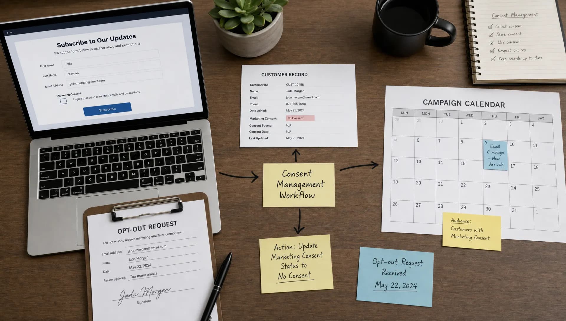 An overhead tabletop workflow showing a web form, unchecked consent box, customer record card, campaign calendar, and opt-out request connected in one consent management process.