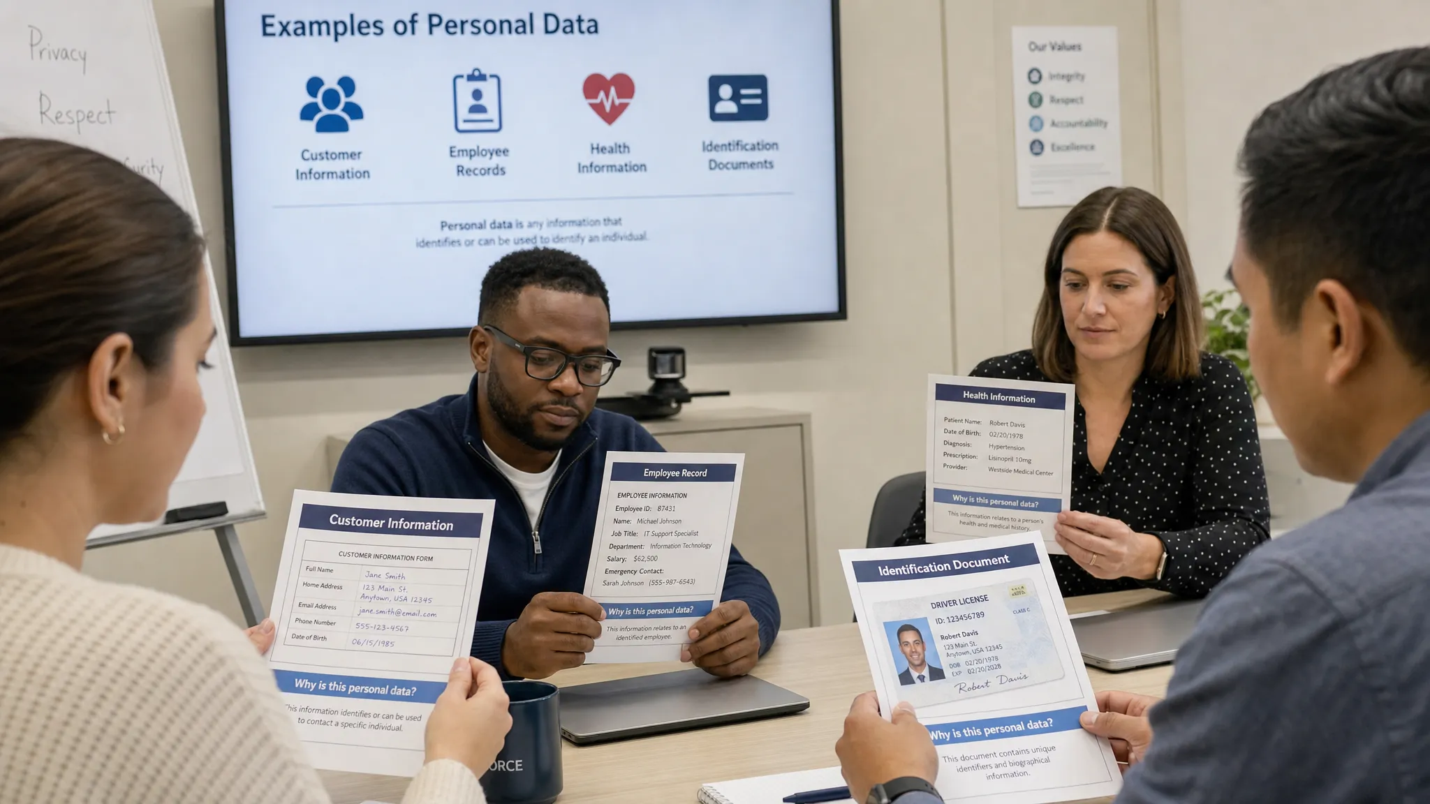 Employees in a training room reviewing printed cards that show examples of personal data, including customer forms, employee records, health information, and identification documents.