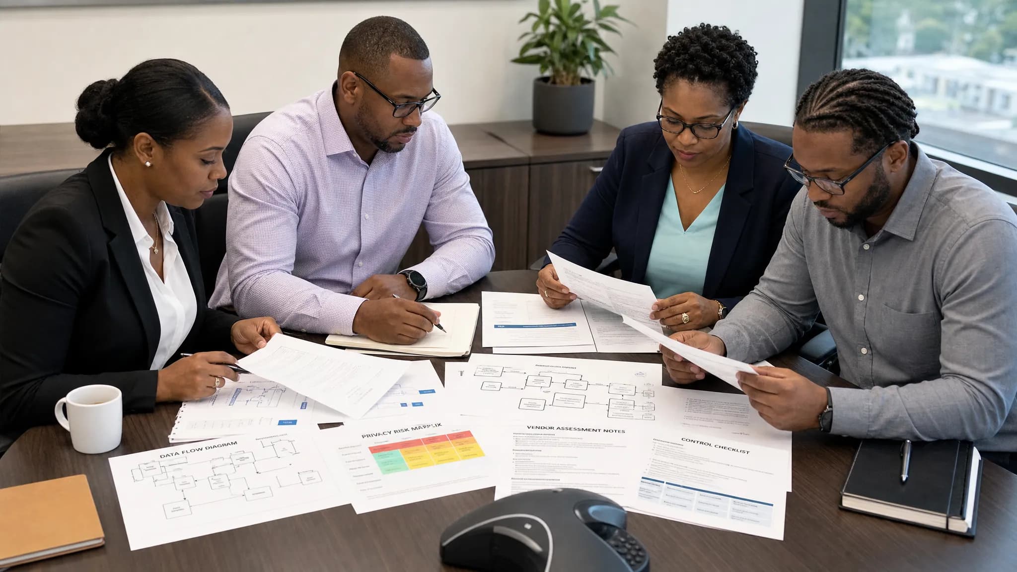 A cross-functional project team reviews printed data flow diagrams, privacy risk matrices, vendor assessment notes, and control checklists on a conference table, with each person focused on a different set of papers to show legal, compliance, IT secu...