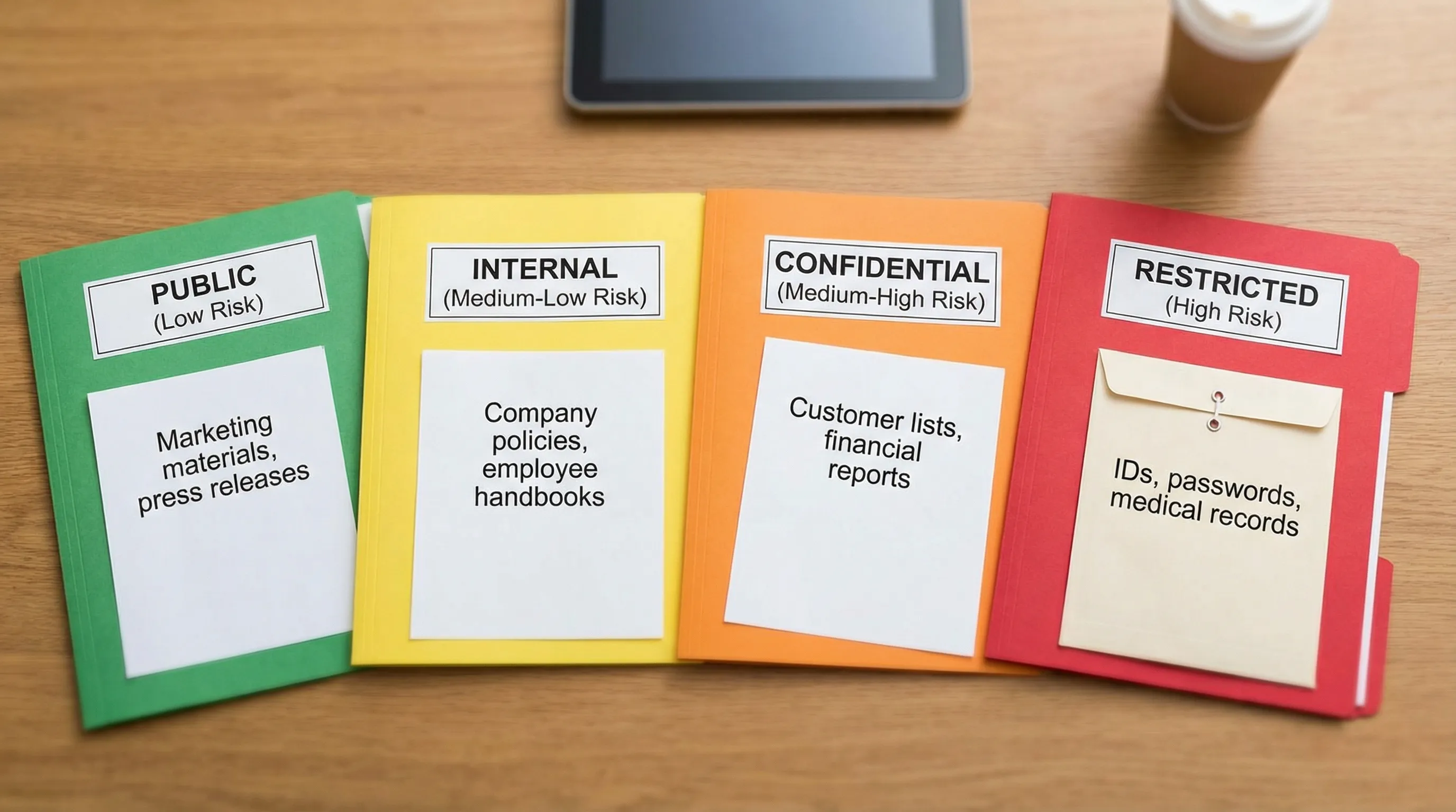 A simple visual showing four confidentiality data labels (Public, Internal, Confidential, Restricted) arranged from low to high risk, with short examples under each label like marketing, policies, customer data, and IDs/credentials.