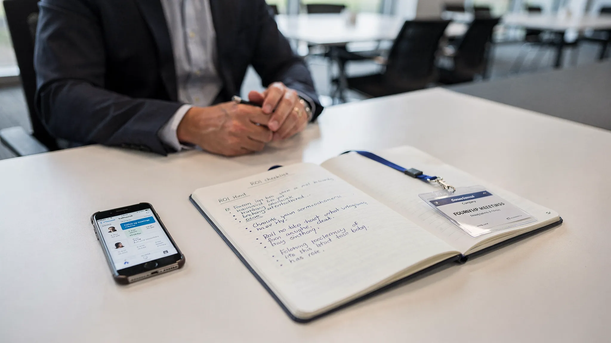 A professional attendee at a conference table with a notebook open showing an ROI checklist, a name badge beside it, and a smartphone displaying a calendar reminder for follow-up meetings.