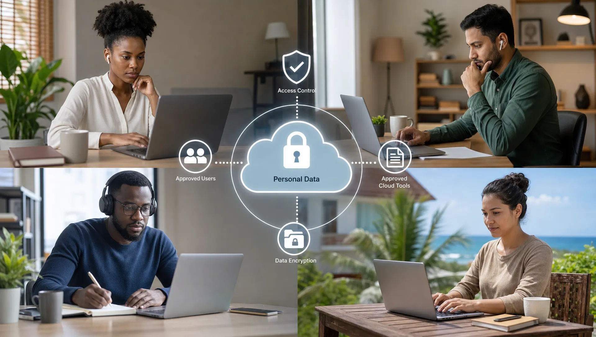 A remote team working from different locations uses secured laptops, approved cloud tools, and access controls around shared personal data.