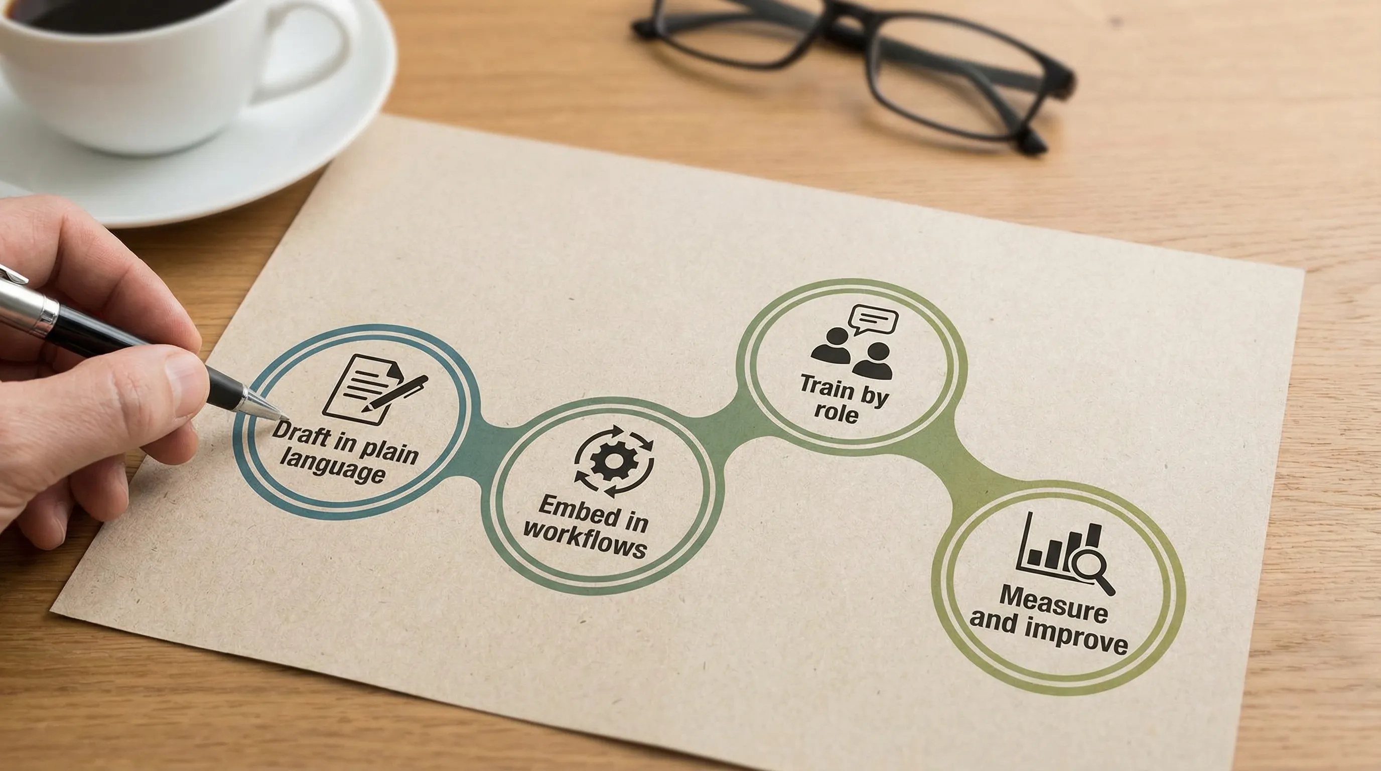 A simple four-stage diagram showing a policy lifecycle: “Draft in plain language,” “Embed in workflows,” “Train by role,” and “Measure and improve,” with icons for document, process, people, and metrics.