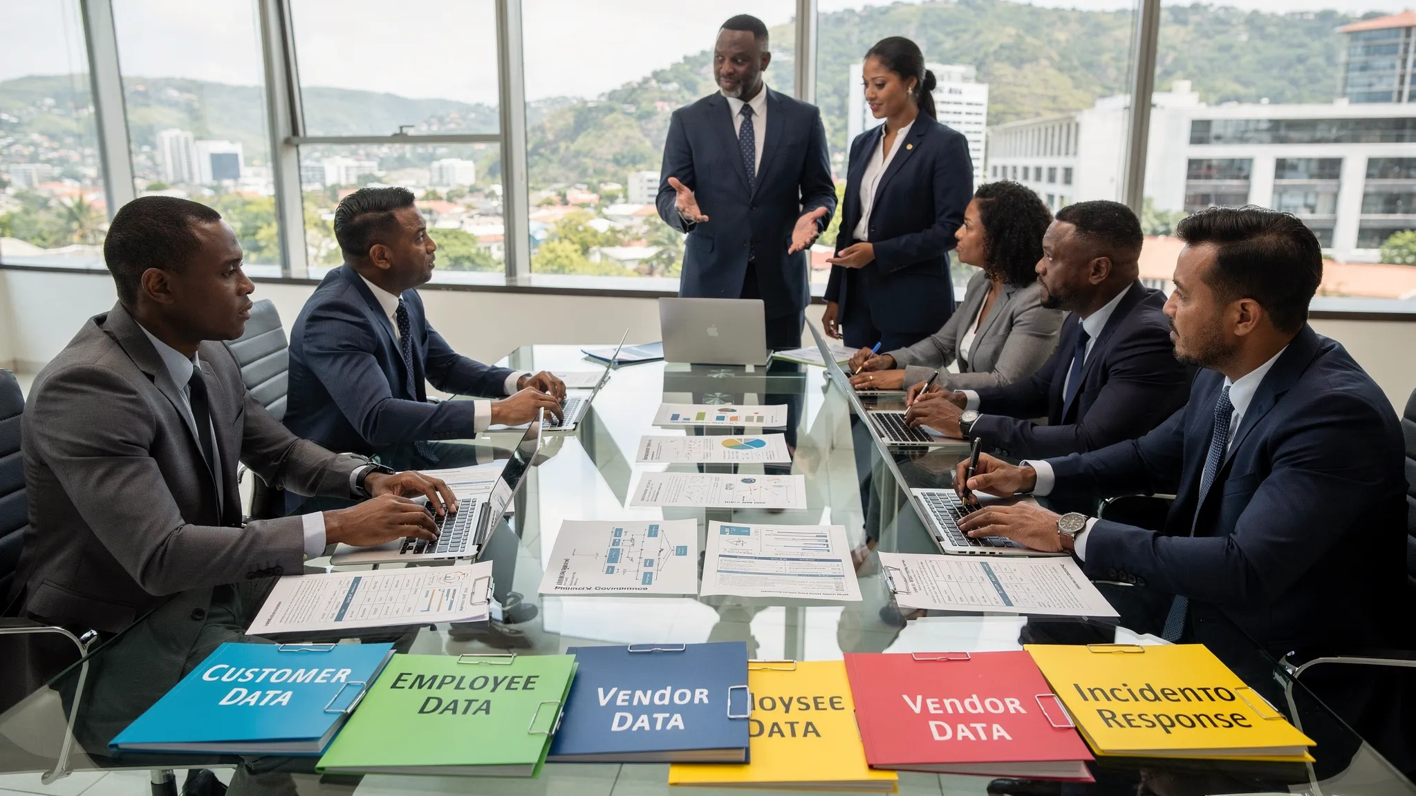 A Jamaican business team reviewing privacy governance documents, data flow notes, and compliance checklists around a conference table, with folders labelled customer data, employee data, vendor data, and incident response.