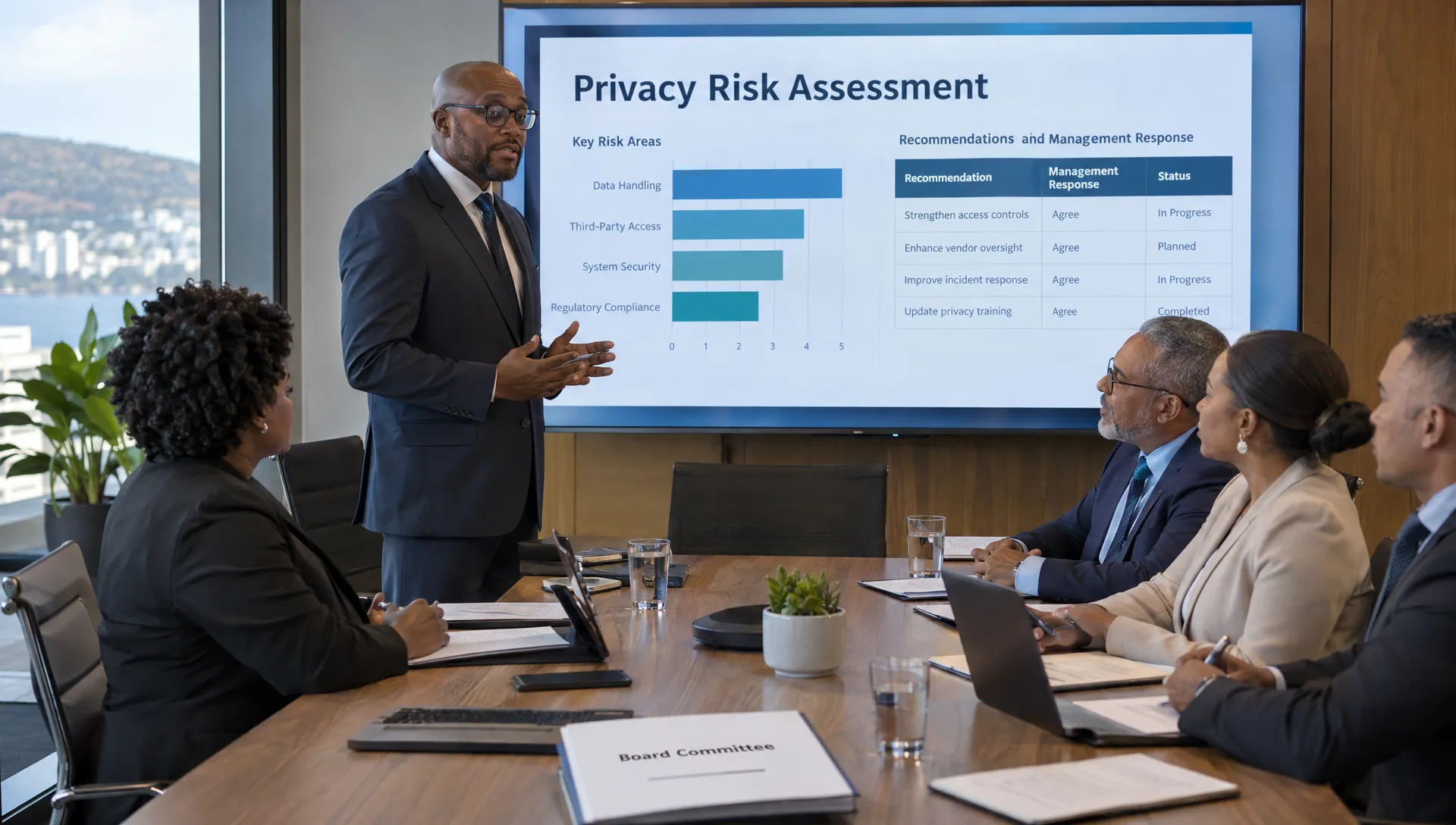 A data protection officer presents a privacy risk assessment as board committee members review the recommendations and management’s response.