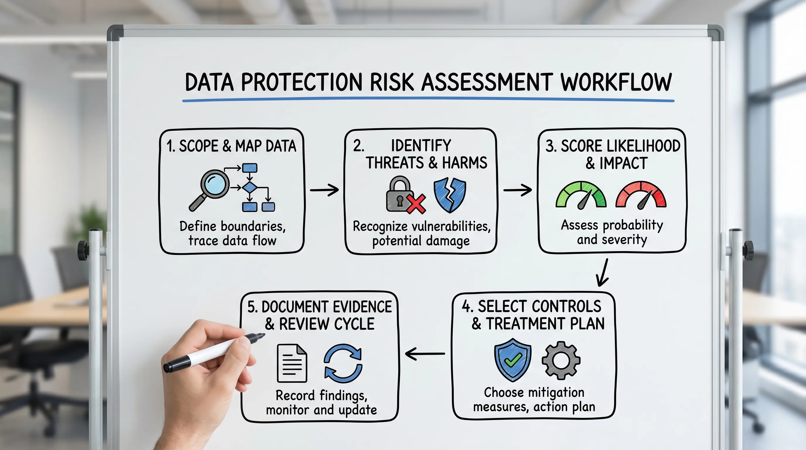 A simple five-step workflow diagram for a data protection risk assessment: scope and map data, identify threats and harms, score likelihood and impact, select controls and treatment plan, document evidence and review cycle.