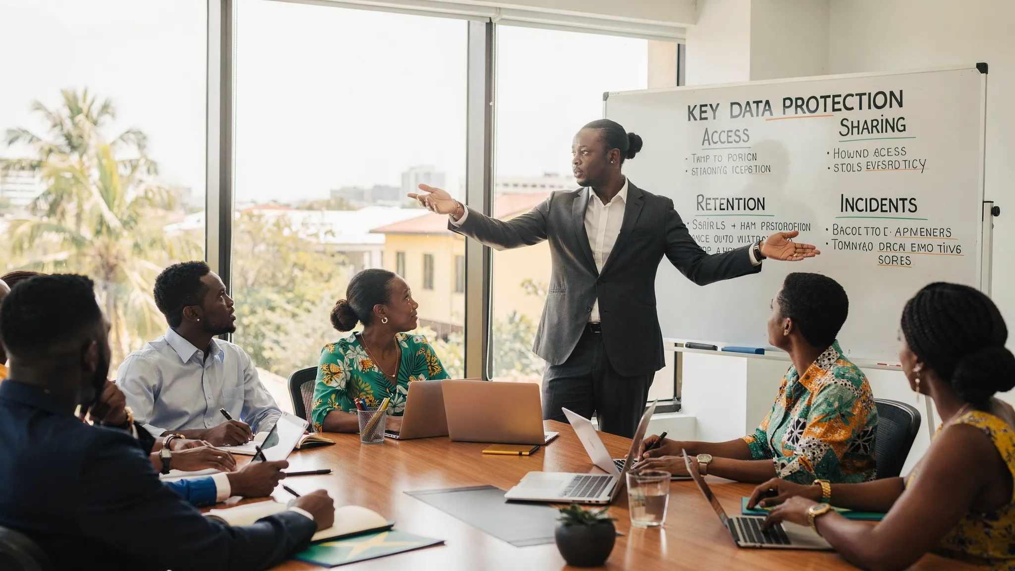 A training session in a Jamaican office setting where a facilitator explains a data protection policy to staff, with a whiteboard showing key topics: access, sharing, retention, incidents.