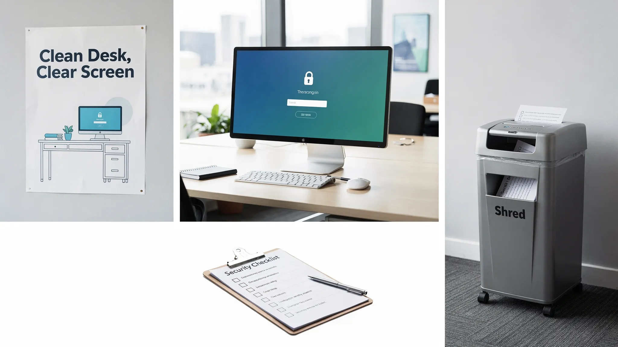 A collage-style office scene showing a “Clean Desk, Clear Screen” awareness poster on a wall, a workstation with the monitor locked, a shred bin, and a discreet checklist on a clipboard.