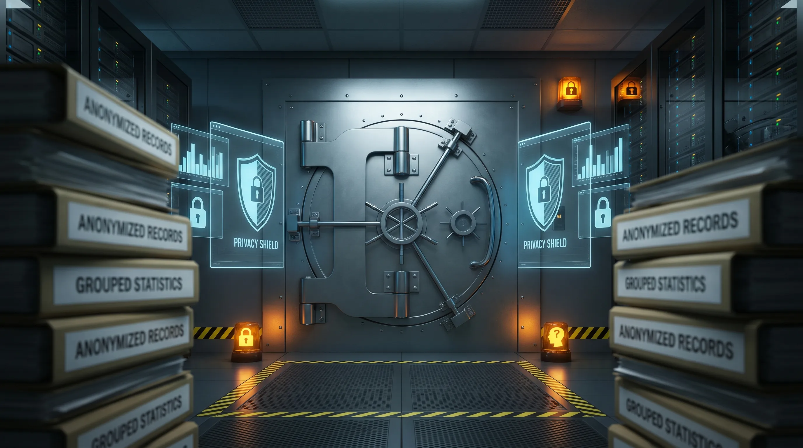 A secure data vault surrounded by anonymised records, grouped statistics, privacy shields, and warning symbols showing the balance between useful analytics and re-identification risk.