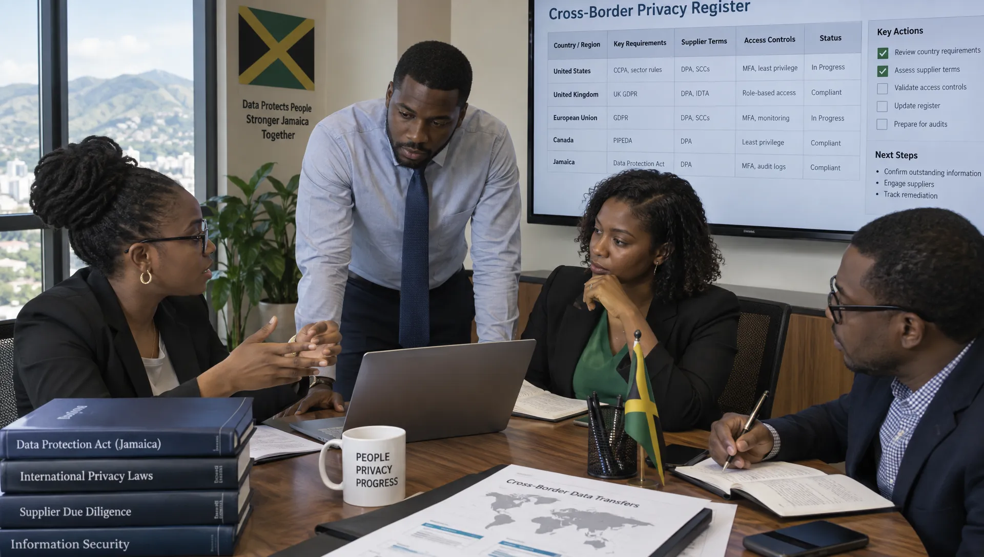 A Jamaican compliance team reviews a cross-border privacy register during a working session, with country requirements, supplier terms and access controls open for discussion.