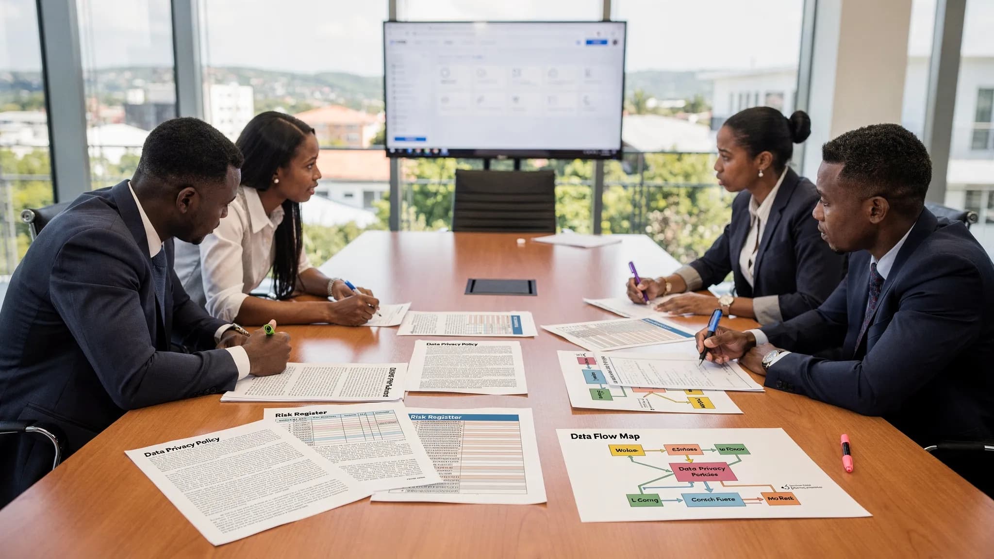 A Jamaica compliance team reviewing printed data privacy policies, a risk register, and a data flow map on a conference table.