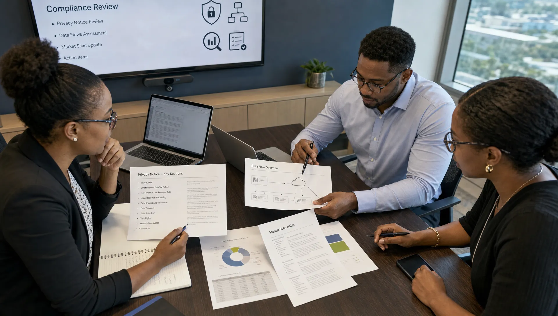 A compliance team reviews privacy notice sections, data flows and market notes on a meeting table.