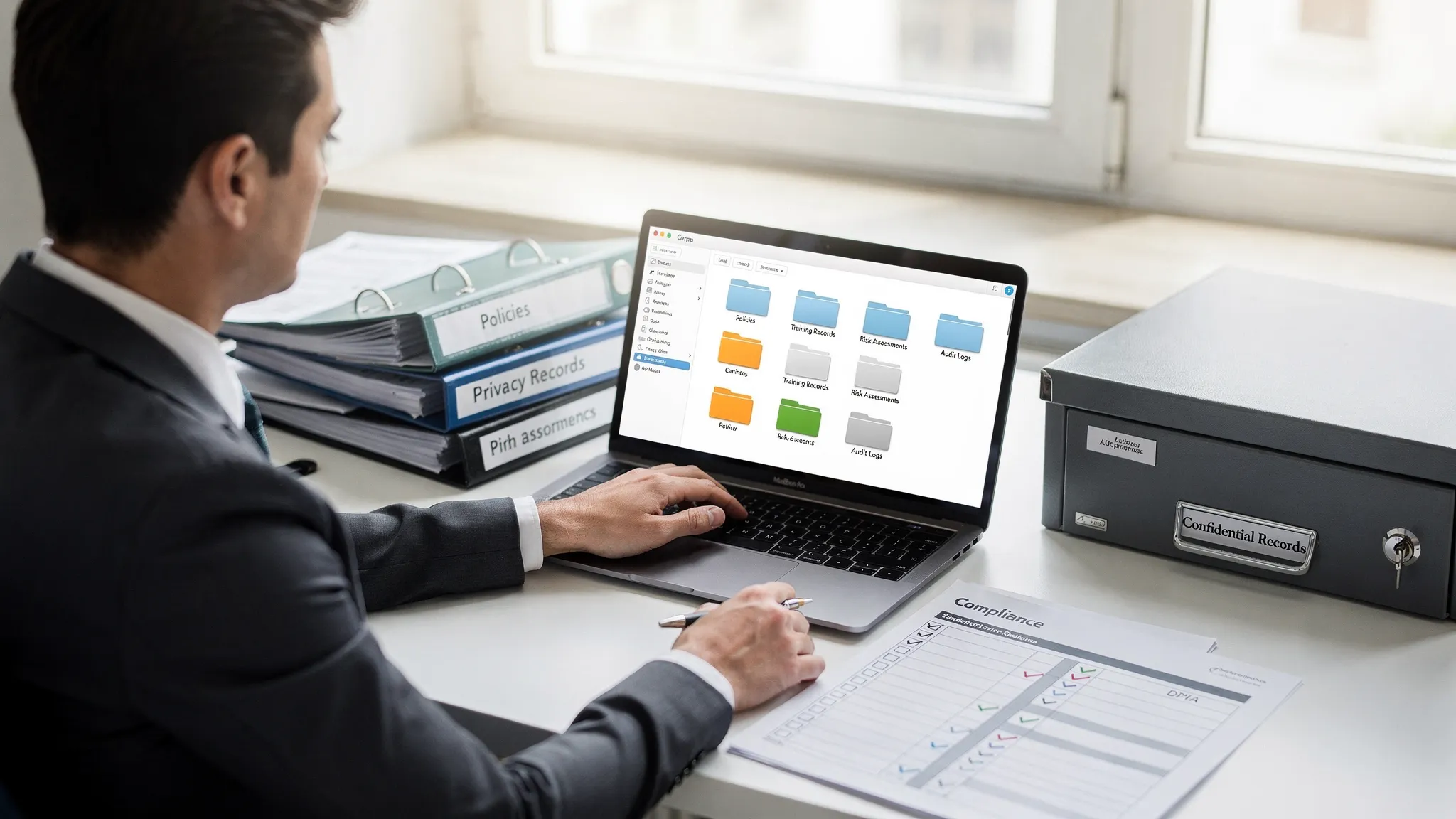 A compliance officer reviewing a labelled folder structure on a laptop with printed policies, a checklist, and a secure records box on a desk, representing an organised privacy compliance evidence pack.
