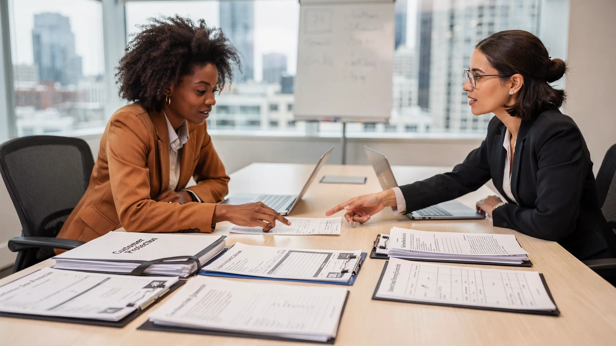 A Jamaican small business owner and a privacy consultant reviewing data protection folders, customer forms, vendor agreements and a retention schedule on a conference table.