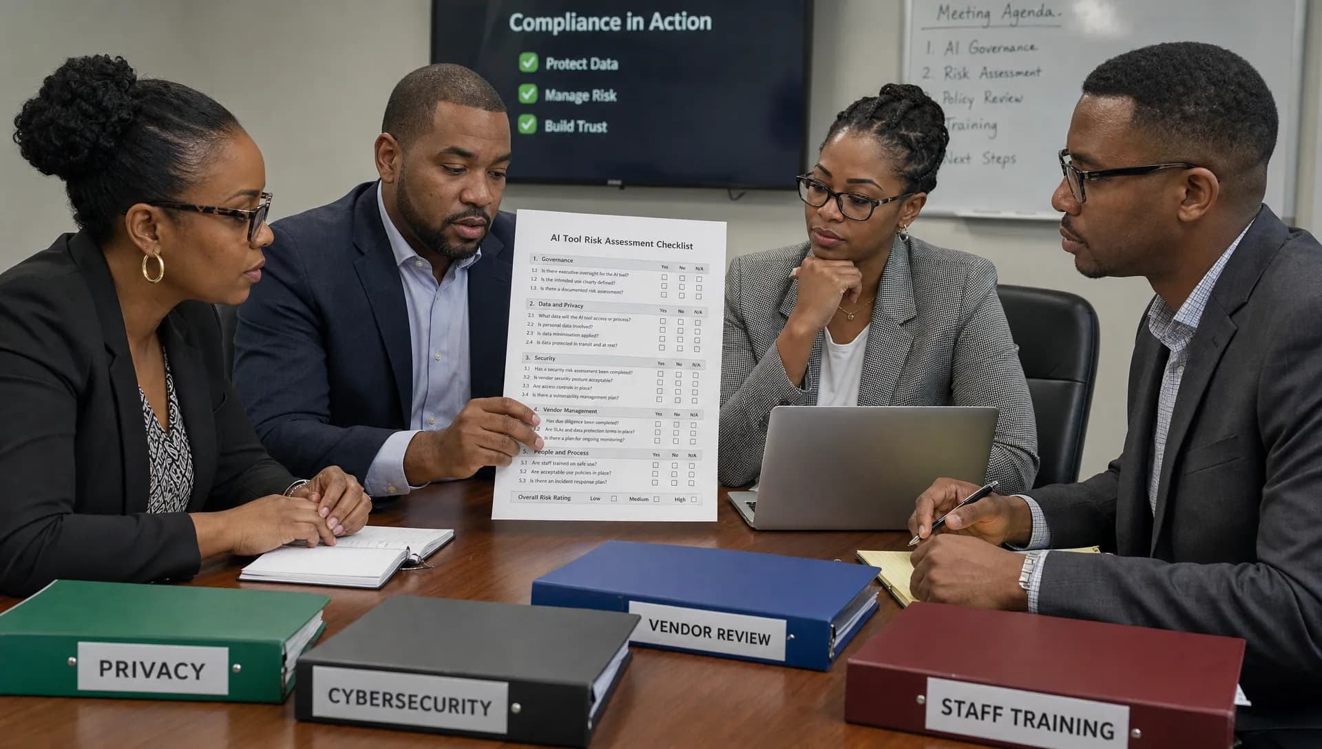 A compliance team at a meeting table reviewing a printed AI tool risk checklist, with folders labelled privacy, cybersecurity, vendor review and staff training spread across the table.