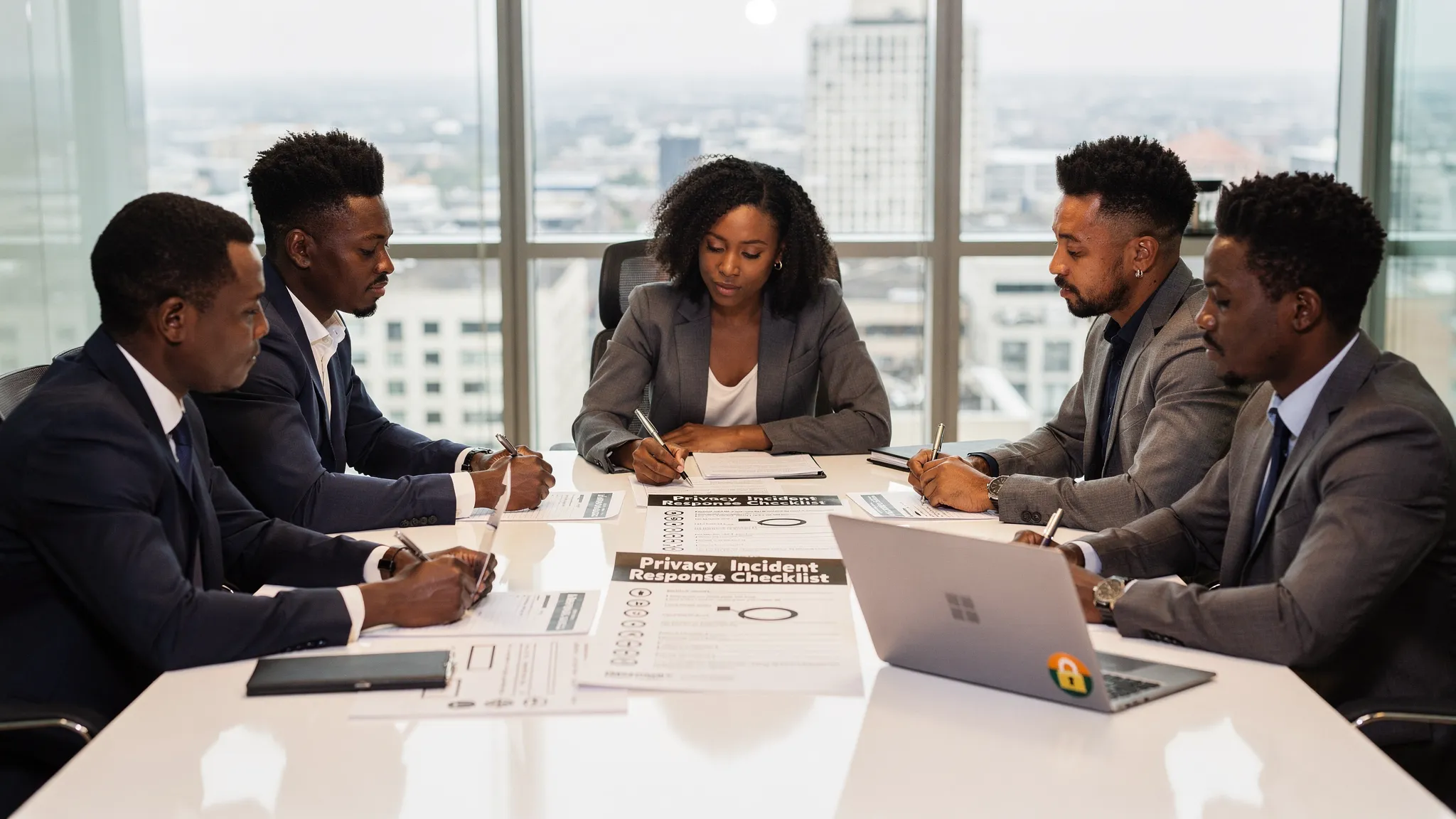 A Jamaican executive team in a boardroom reviewing a privacy incident response checklist on paper, with a secure laptop closed on the table, showing calm, structured decision-making.