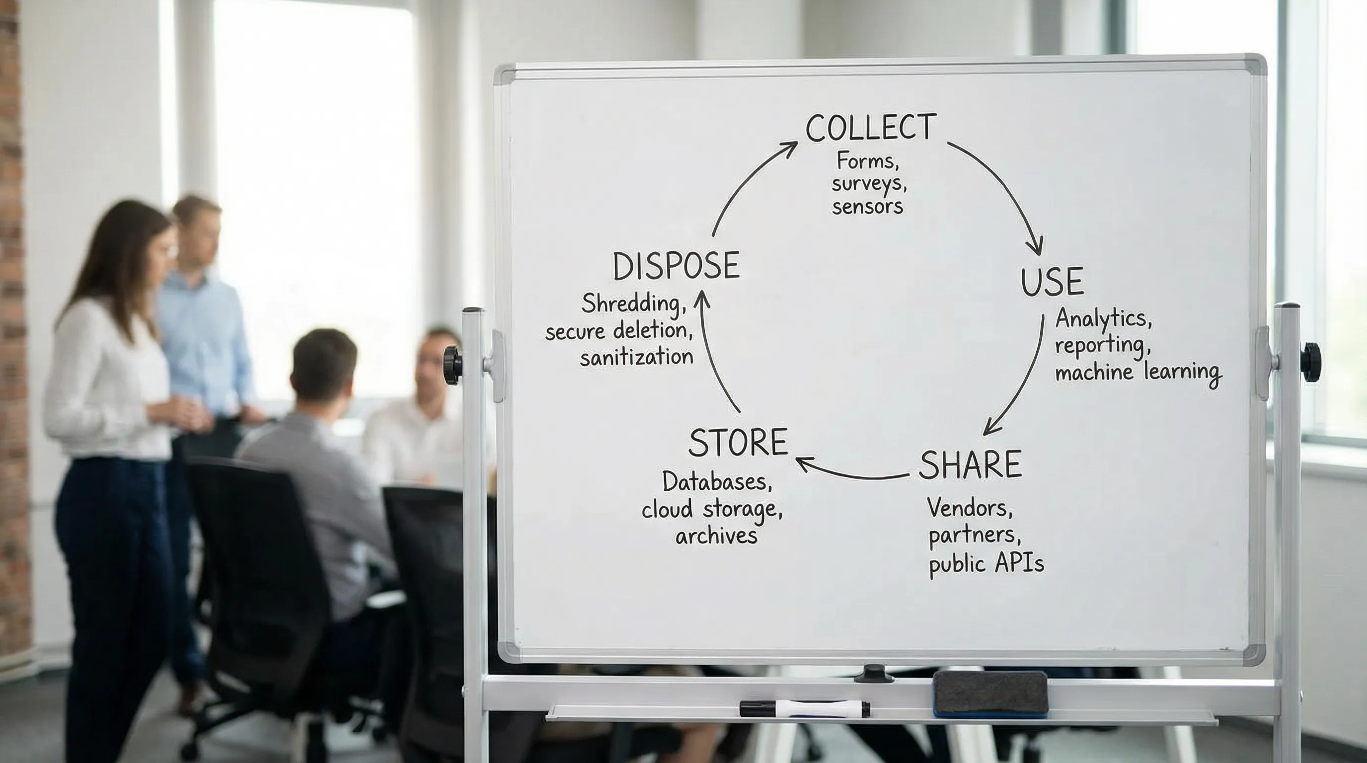 A simple data lifecycle diagram showing five stages in a loop: collect, use, share, store, and dispose, with brief examples under each stage such as forms, analytics, vendors, databases, and shredding/deletion.