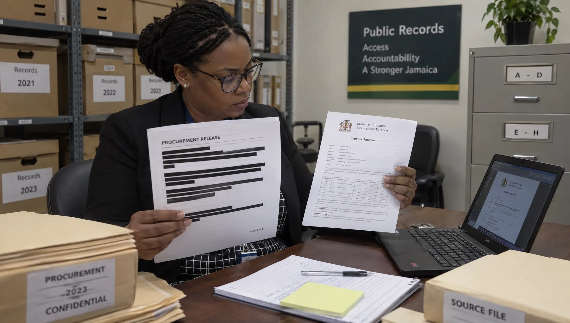 An adult public-body records officer checks a redacted procurement release copy against the source file in a records room.