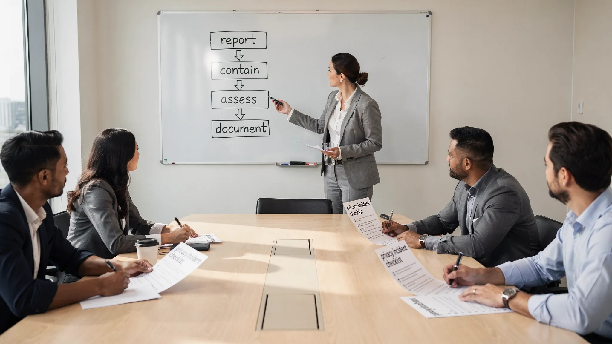 A meeting room workshop scene where a facilitator leads a small group reviewing a printed “privacy incident checklist” and a simple flowchart on a whiteboard (report, contain, assess, notify, document). No screens visible.