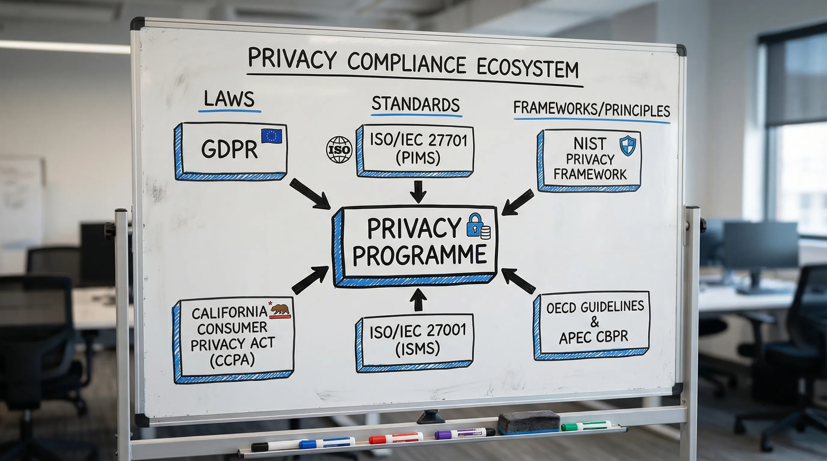 A simple comparison graphic showing six labelled boxes for GDPR, ISO/IEC 27701, ISO/IEC 27001, NIST Privacy Framework, OECD Guidelines, and APEC CBPR, grouped into “Laws”, “Standards”, and “Frameworks/Principles”, with arrows pointing to a central bo...