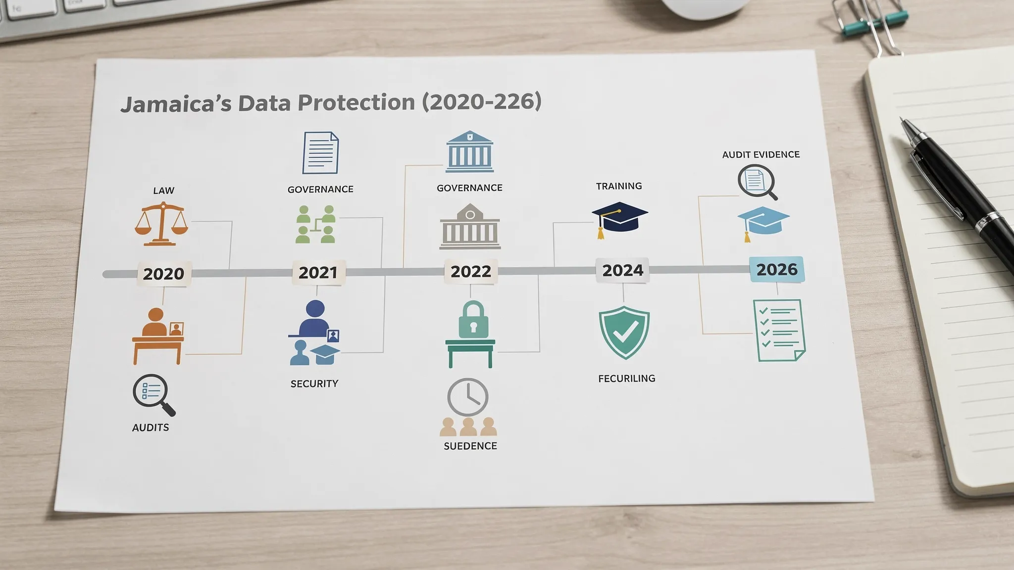 Printed timeline for Jamaica's Data Protection Act (2020–2026) laid flat on an office desk, each year annotated with icons for law, governance, training, security and audit evidence, with a notebook and pen at the edge.