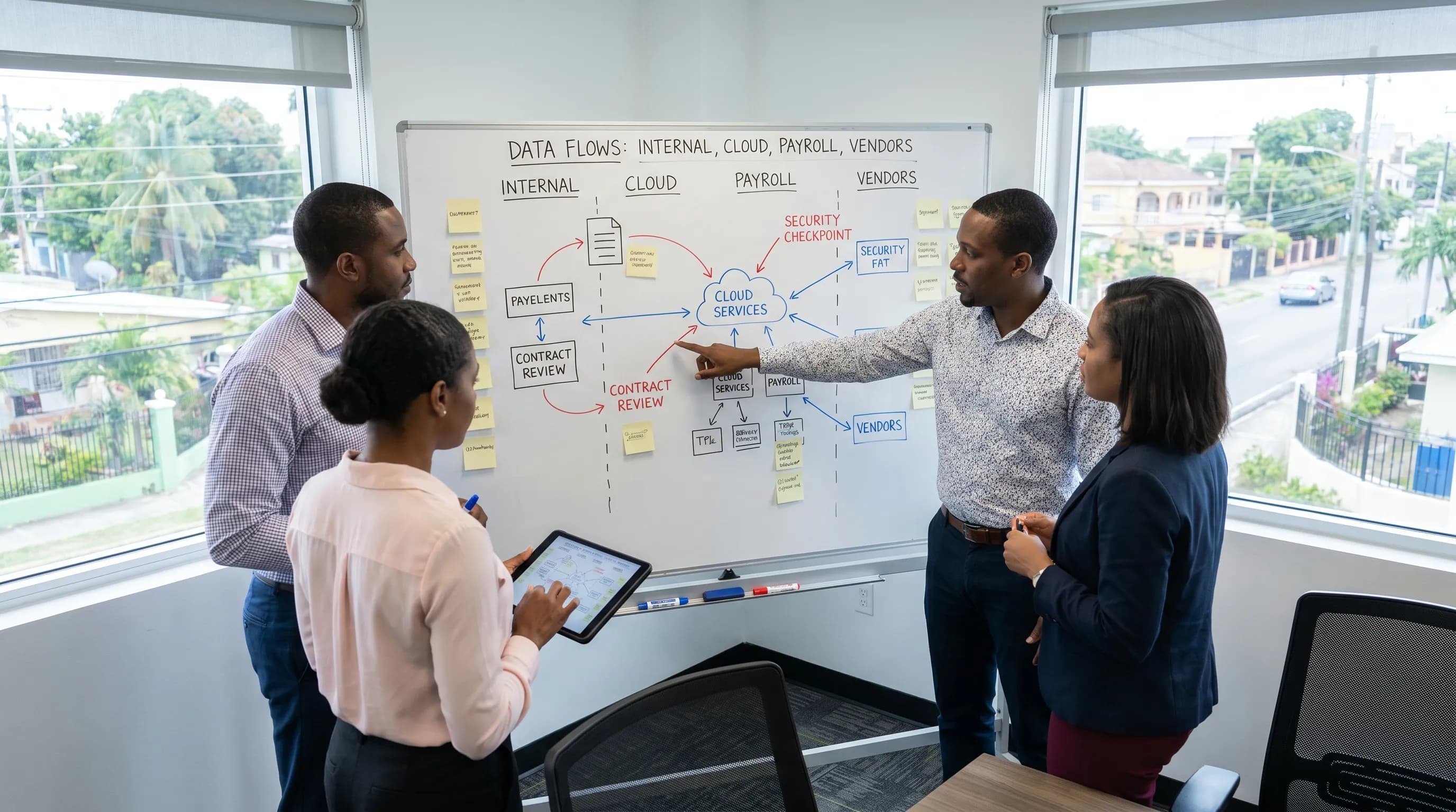 A Jamaican organisation reviewing personal data flows between internal teams, cloud services, payroll providers and other vendors, with contract and security checkpoints shown along the flow.