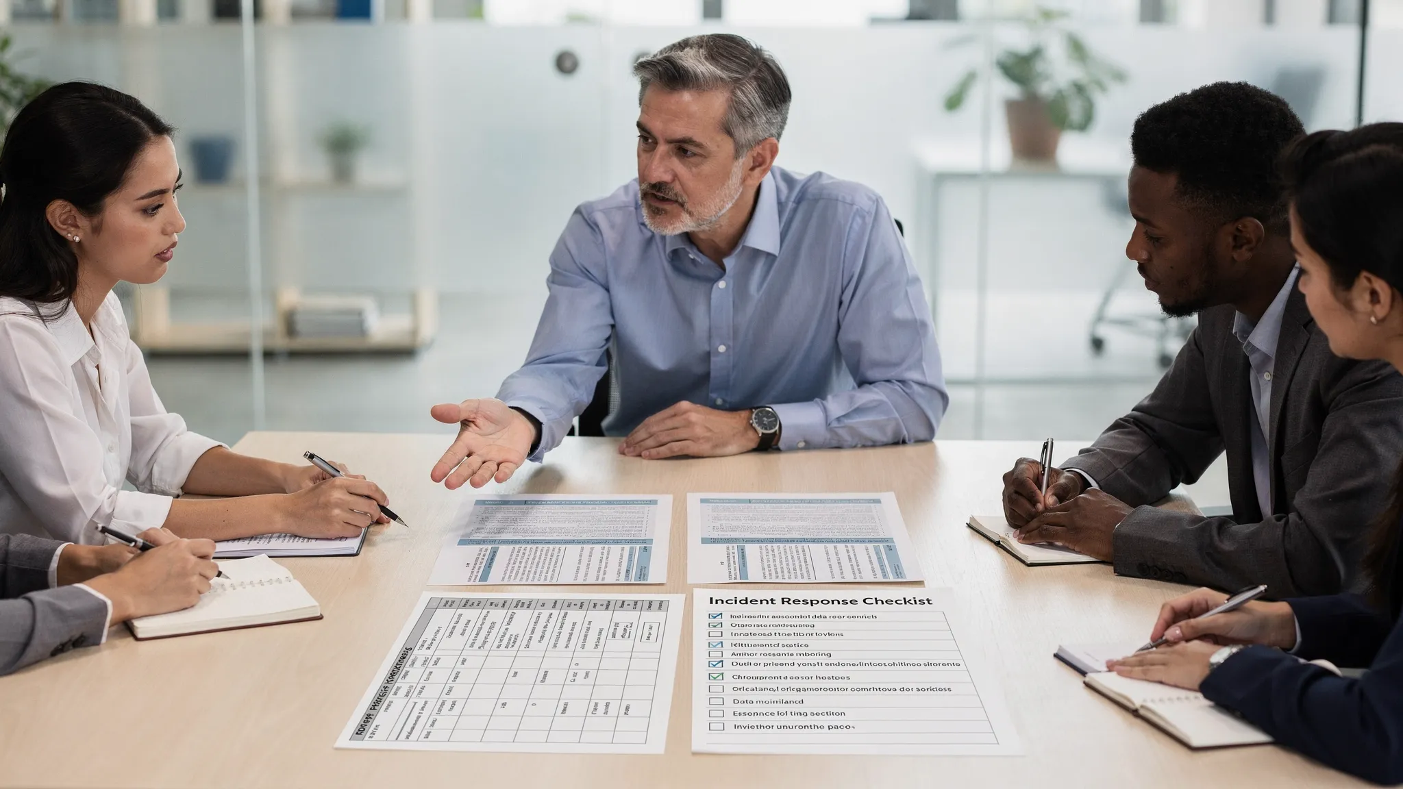A small team in an office meeting reviewing printed privacy notices, a data inventory spreadsheet, and an incident response checklist on the table. No computer screens are visible.