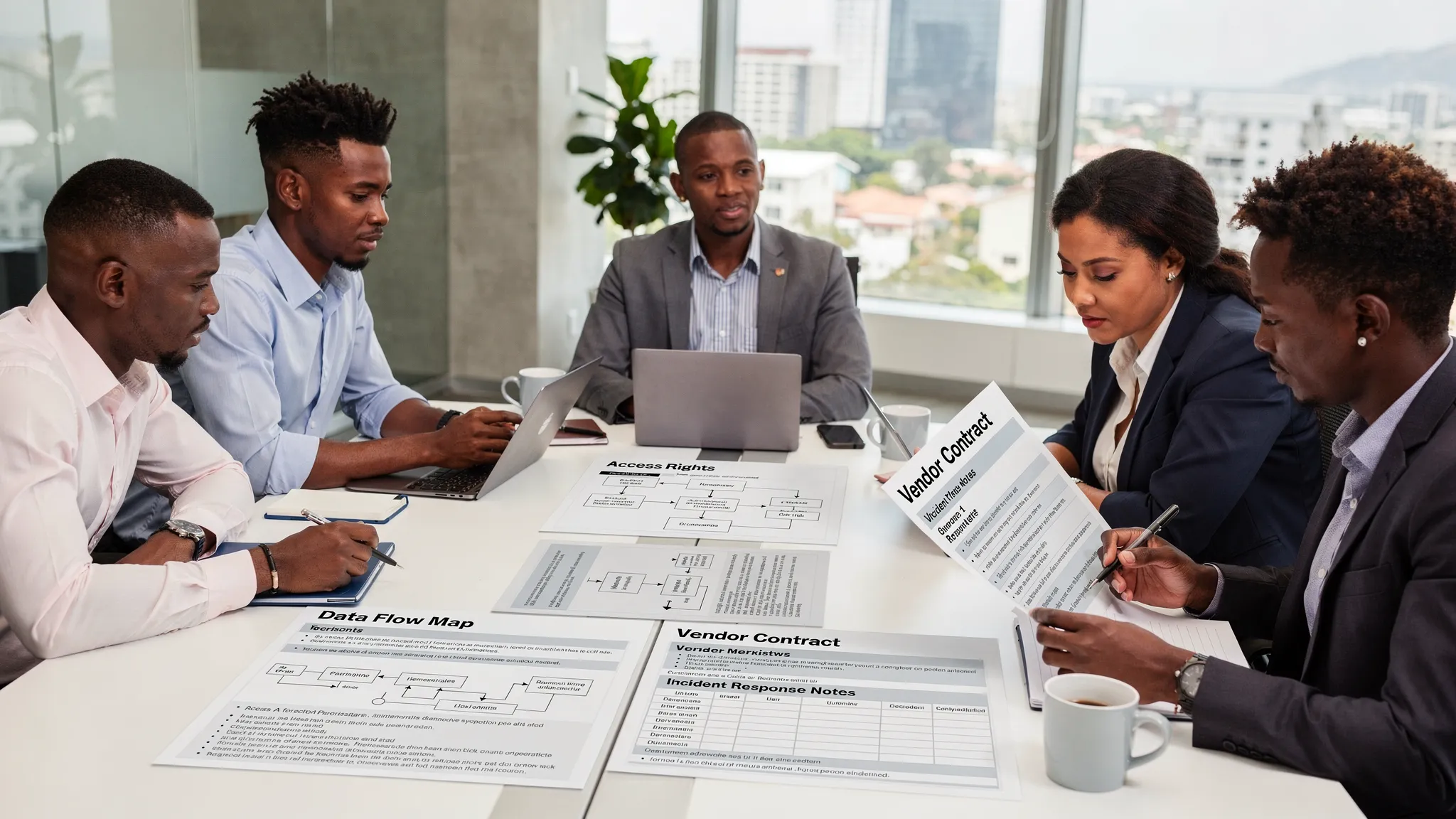 A Jamaican office team reviewing printed data flow maps, access rights, vendor contracts and incident response notes around a conference table.