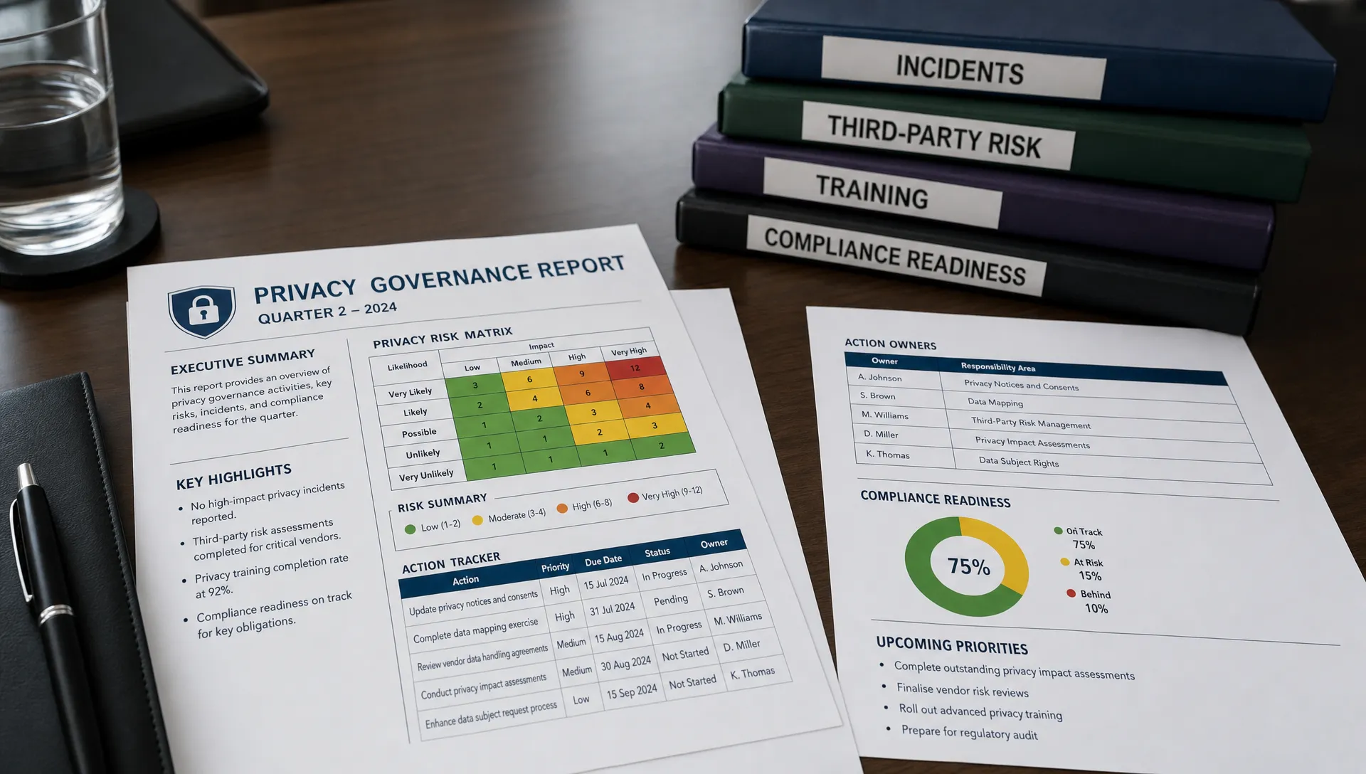 A close-up of printed privacy reports on a boardroom table, with a colour-coded risk matrix, action owner list, and folders labelled incidents, third-party risk, training, and compliance readiness.